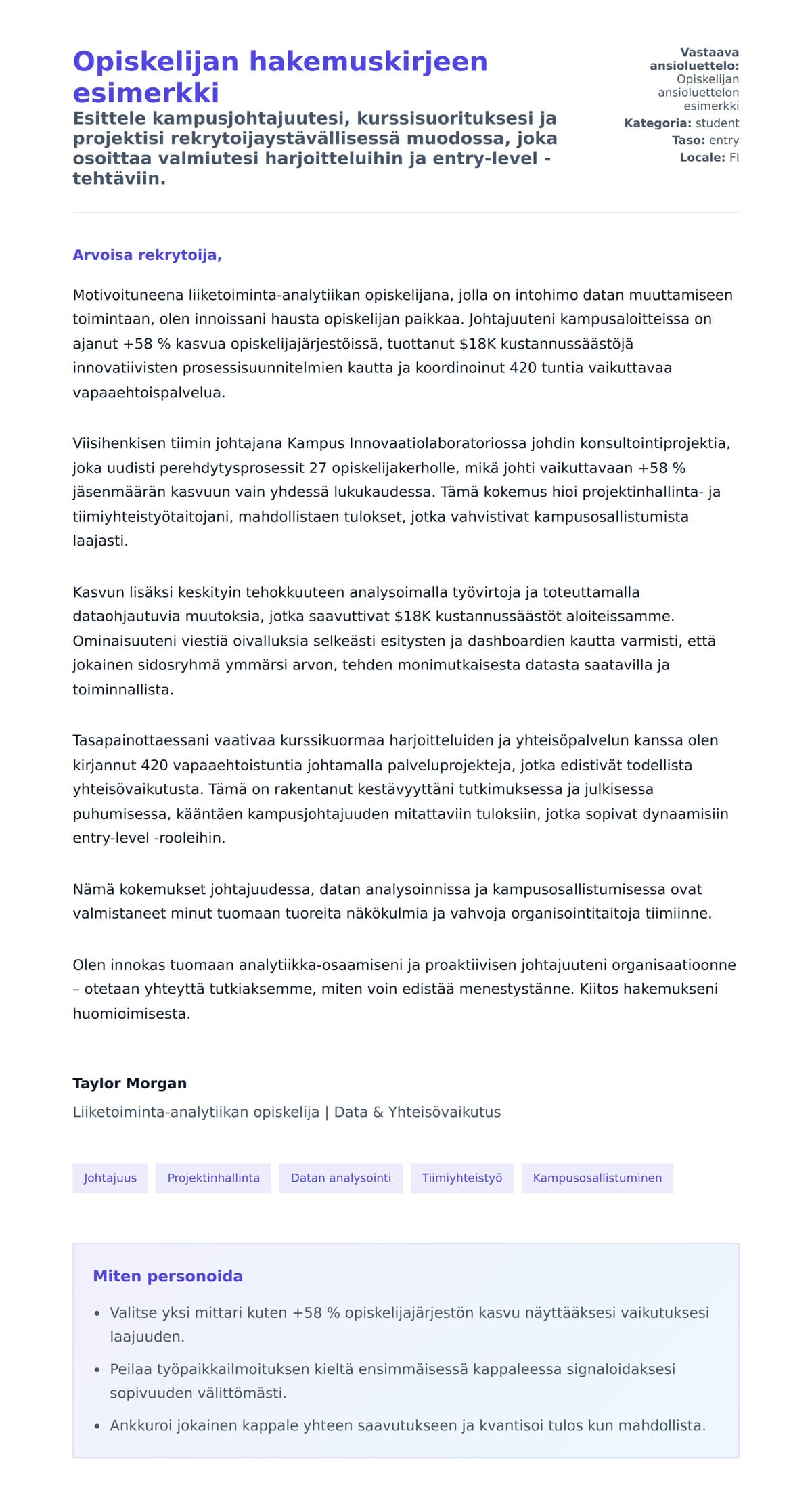 Työhakemuskirjeen esikatselu kohteelle Opiskelijan hakemuskirjeen esimerkki