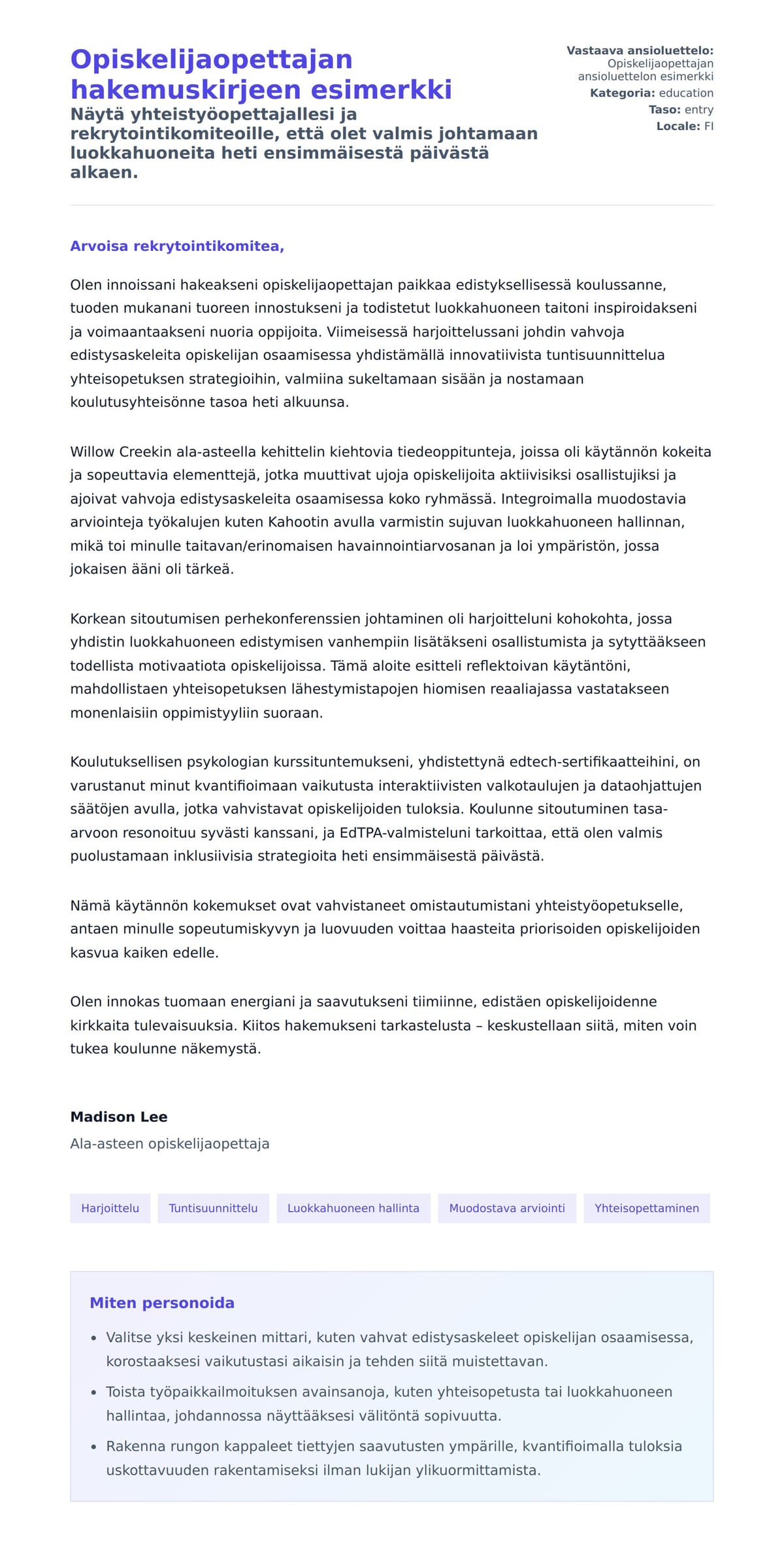 Työhakemuskirjeen esikatselu kohteelle Opiskelijaopettajan hakemuskirjeen esimerkki