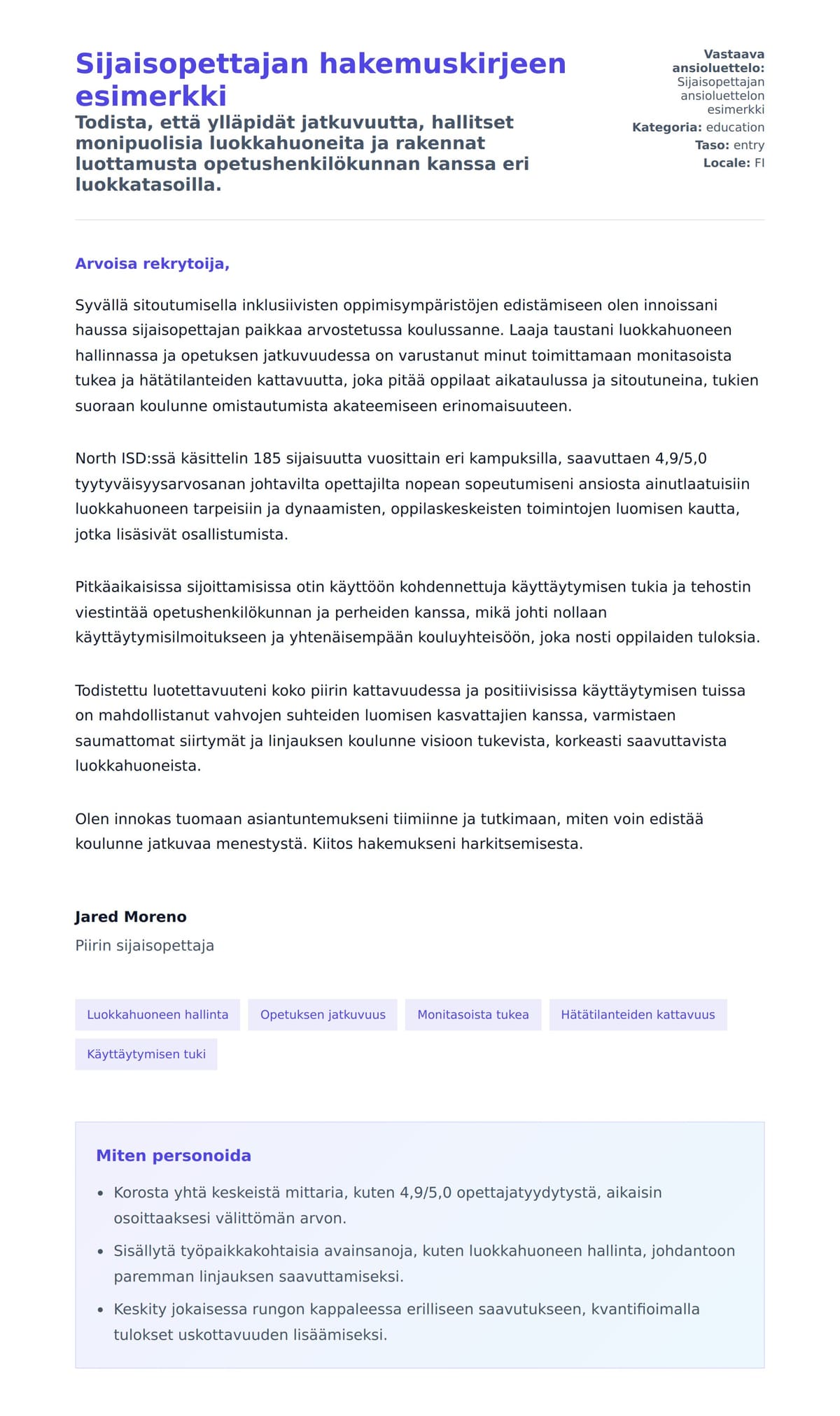Työhakemuskirjeen esikatselu kohteelle Sijaisopettajan hakemuskirjeen esimerkki