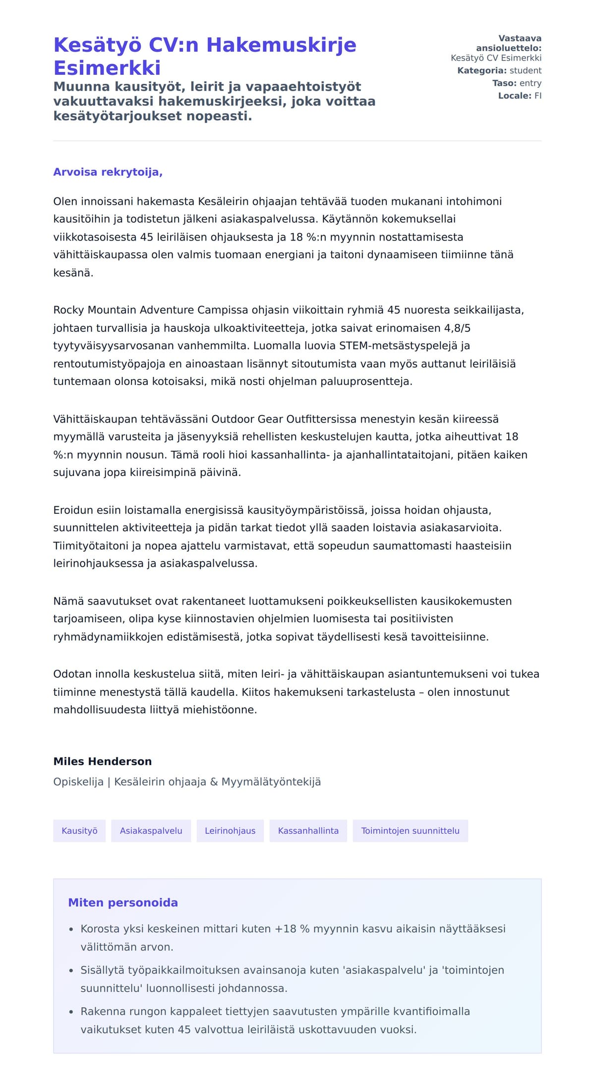 Työhakemuskirjeen esikatselu kohteelle Kesätyö CV:n Hakemuskirje Esimerkki