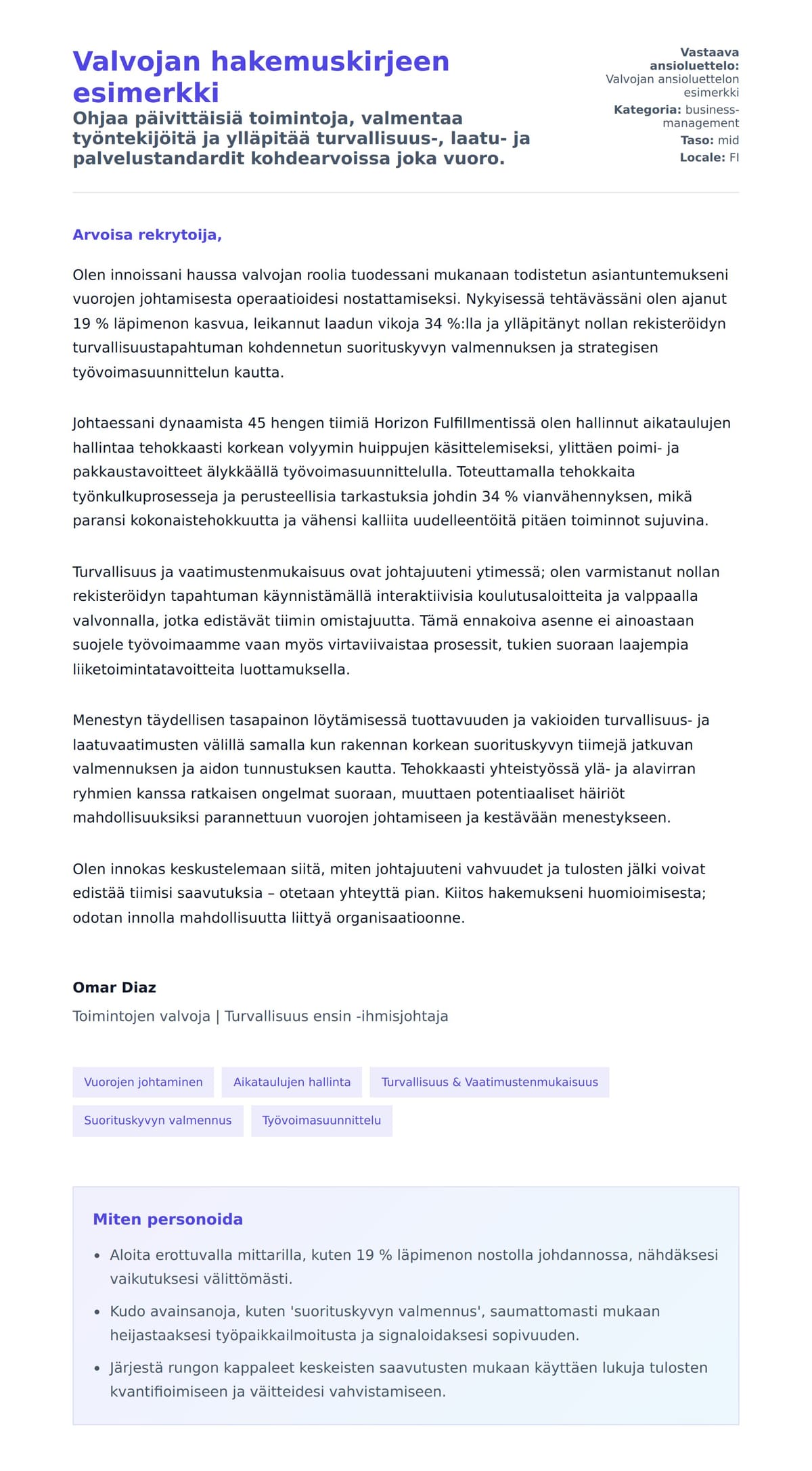 Työhakemuskirjeen esikatselu kohteelle Valvojan hakemuskirjeen esimerkki
