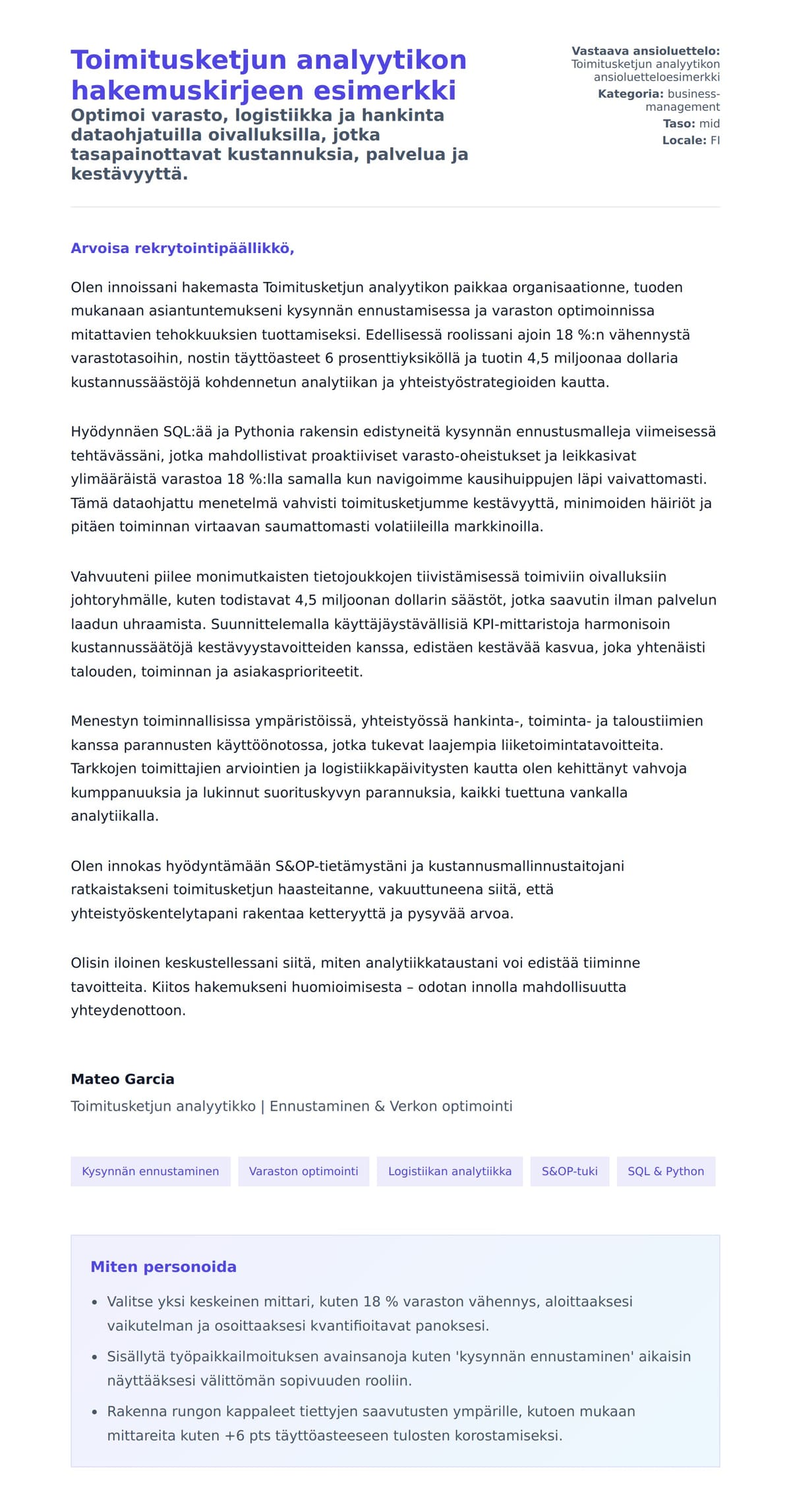 Työhakemuskirjeen esikatselu kohteelle Toimitusketjun analyytikon hakemuskirjeen esimerkki