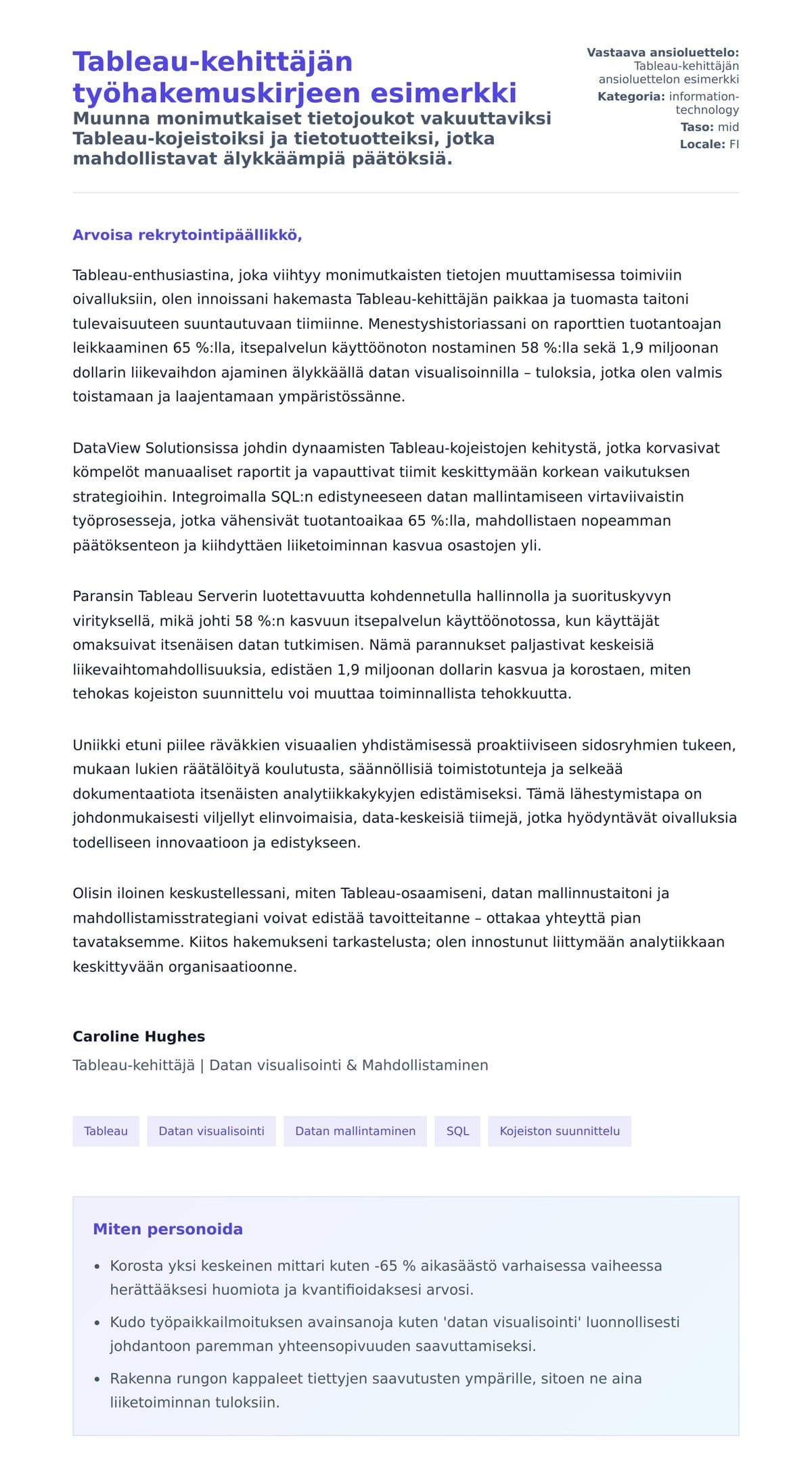 Työhakemuskirjeen esikatselu kohteelle Tableau-kehittäjän työhakemuskirjeen esimerkki