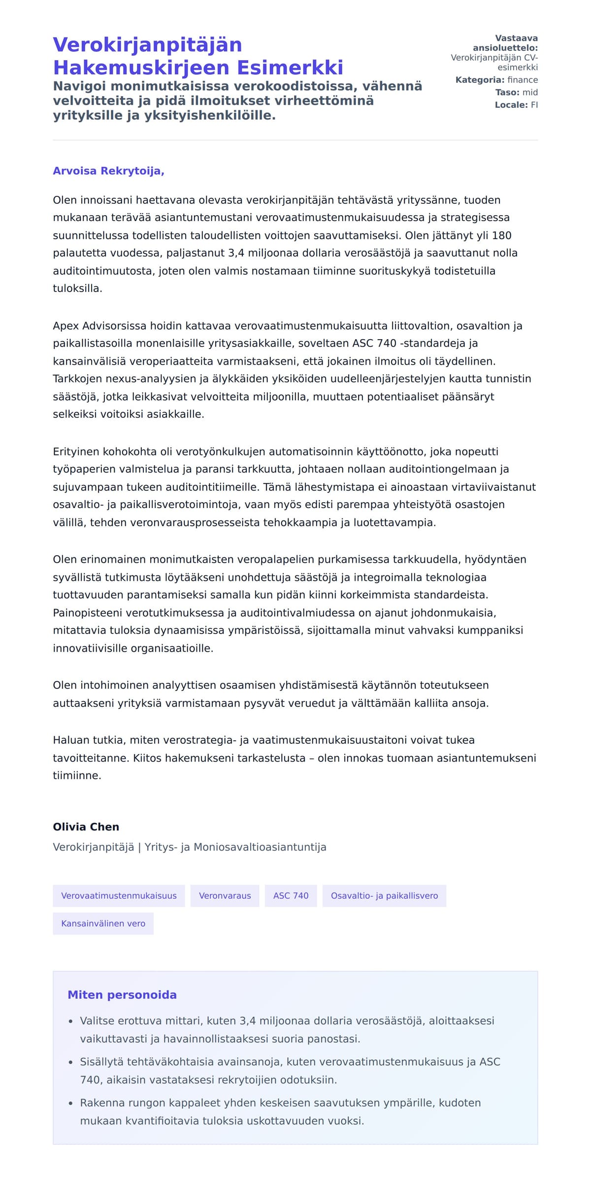 Työhakemuskirjeen esikatselu kohteelle Verokirjanpitäjän Hakemuskirjeen Esimerkki