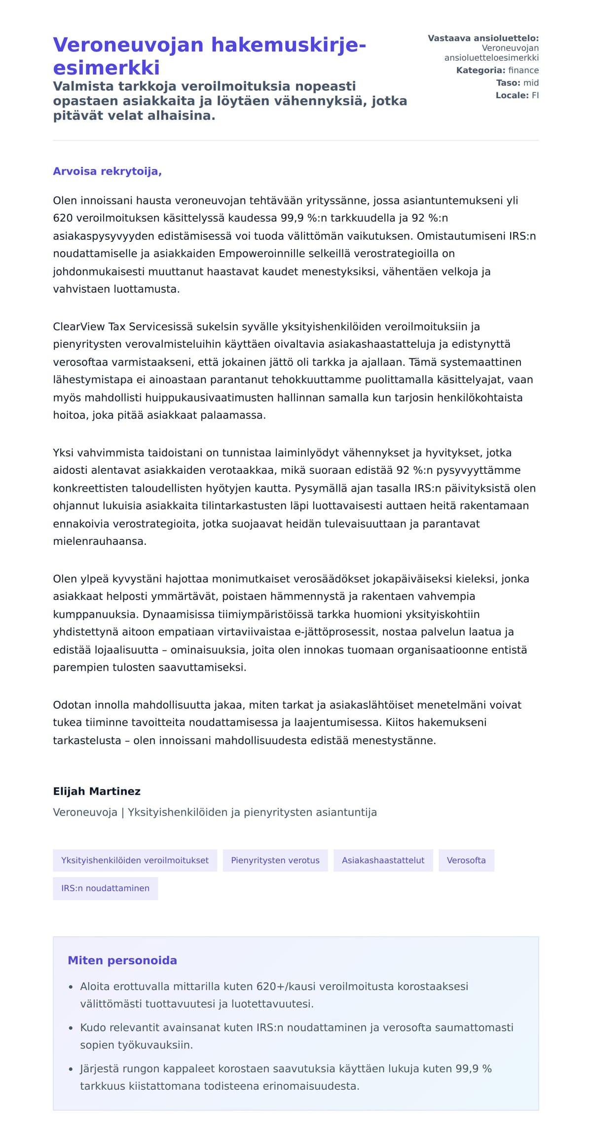 Työhakemuskirjeen esikatselu kohteelle Veroneuvojan hakemuskirje-esimerkki