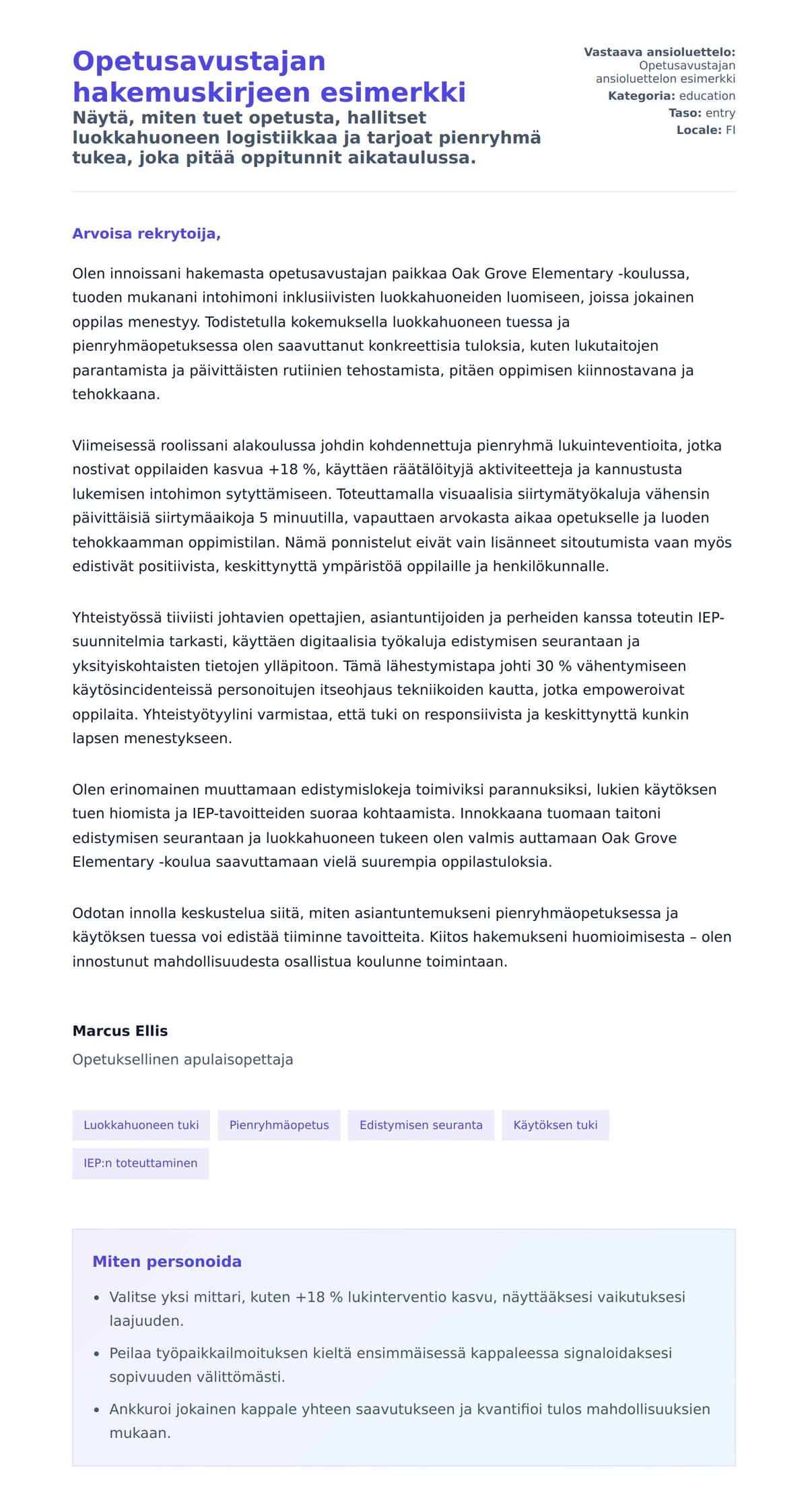 Työhakemuskirjeen esikatselu kohteelle Opetusavustajan hakemuskirjeen esimerkki