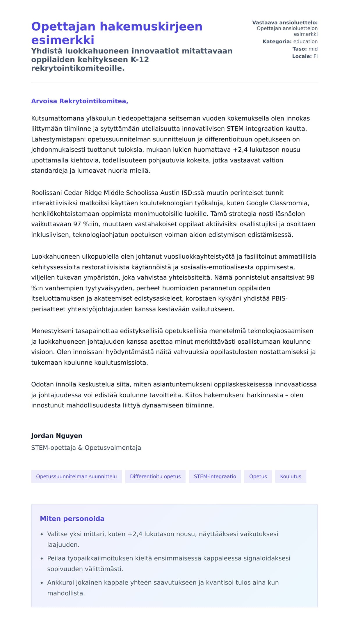 Työhakemuskirjeen esikatselu kohteelle Opettajan hakemuskirjeen esimerkki