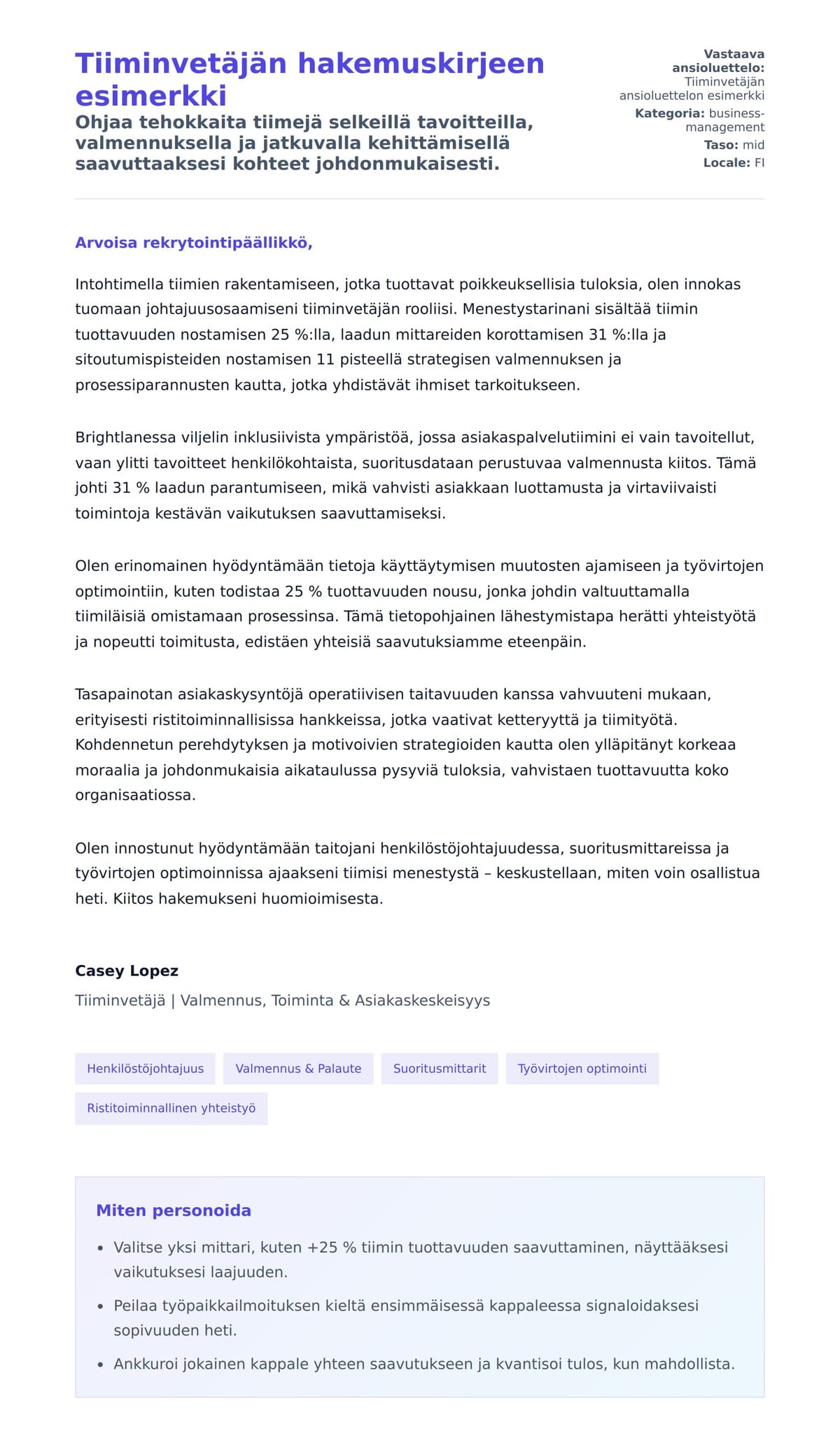 Työhakemuskirjeen esikatselu kohteelle Tiiminvetäjän hakemuskirjeen esimerkki