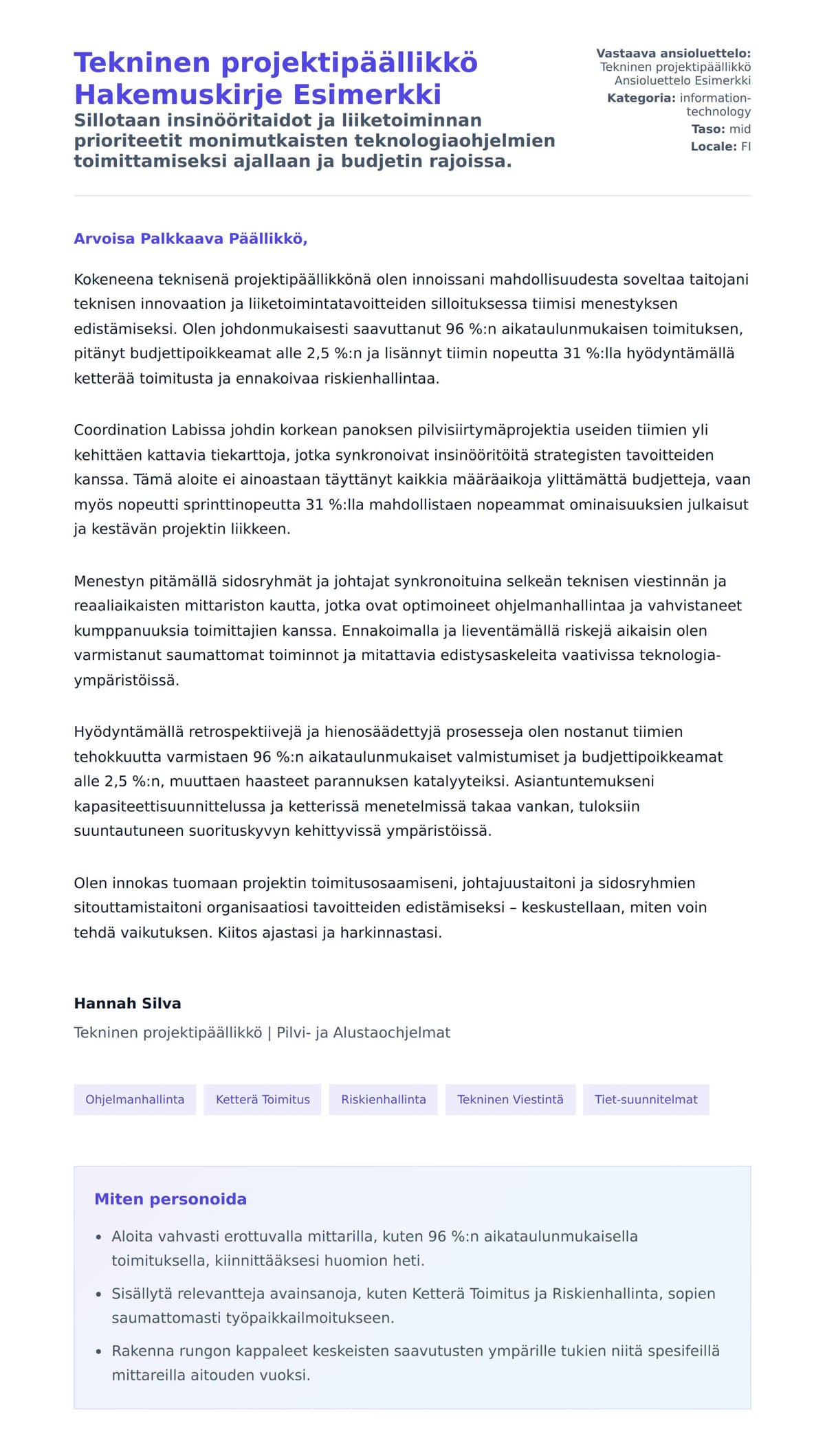 Työhakemuskirjeen esikatselu kohteelle Tekninen projektipäällikkö Hakemuskirje Esimerkki