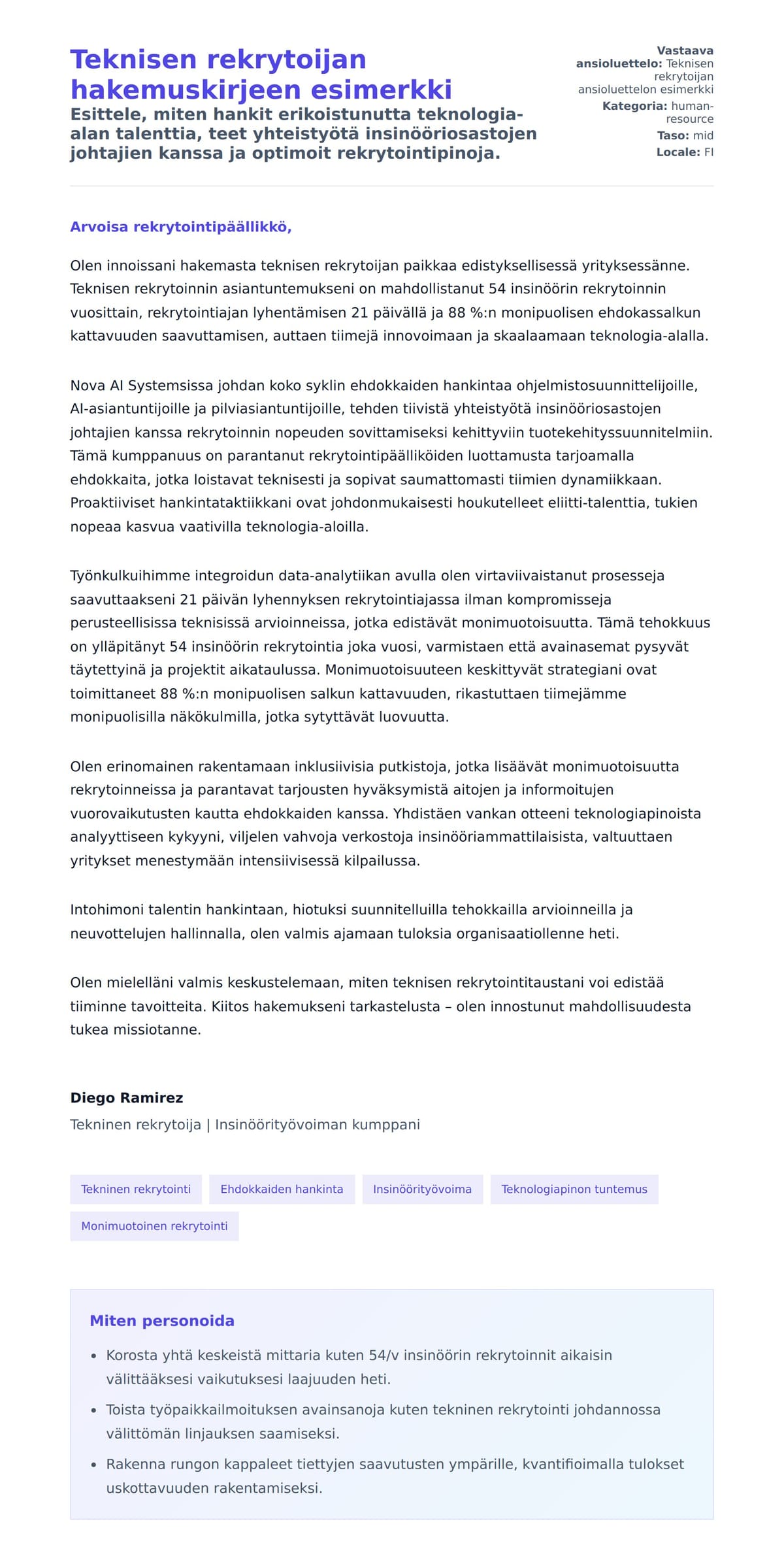 Työhakemuskirjeen esikatselu kohteelle Teknisen rekrytoijan hakemuskirjeen esimerkki