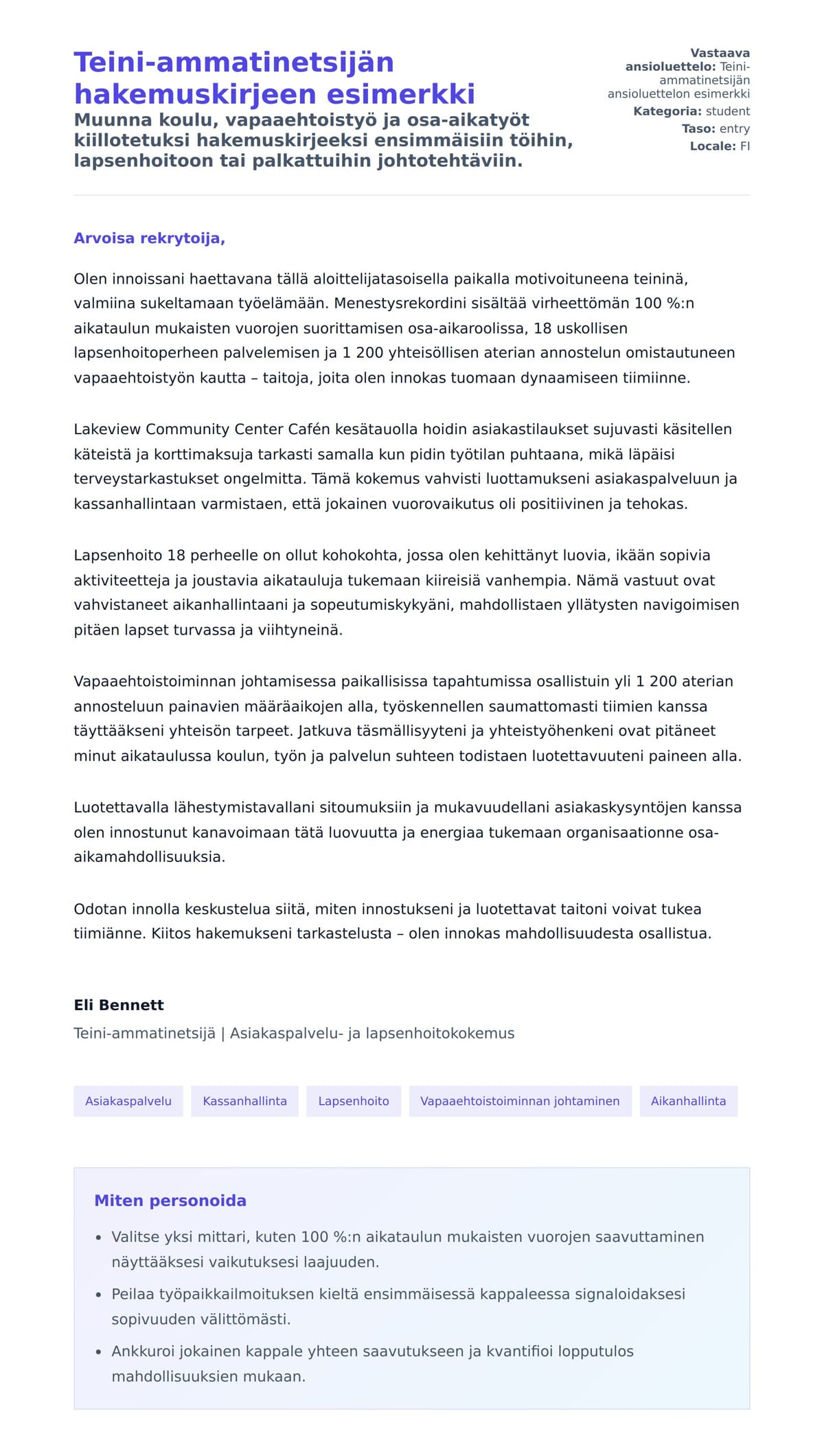 Työhakemuskirjeen esikatselu kohteelle Teini-ammatinetsijän hakemuskirjeen esimerkki