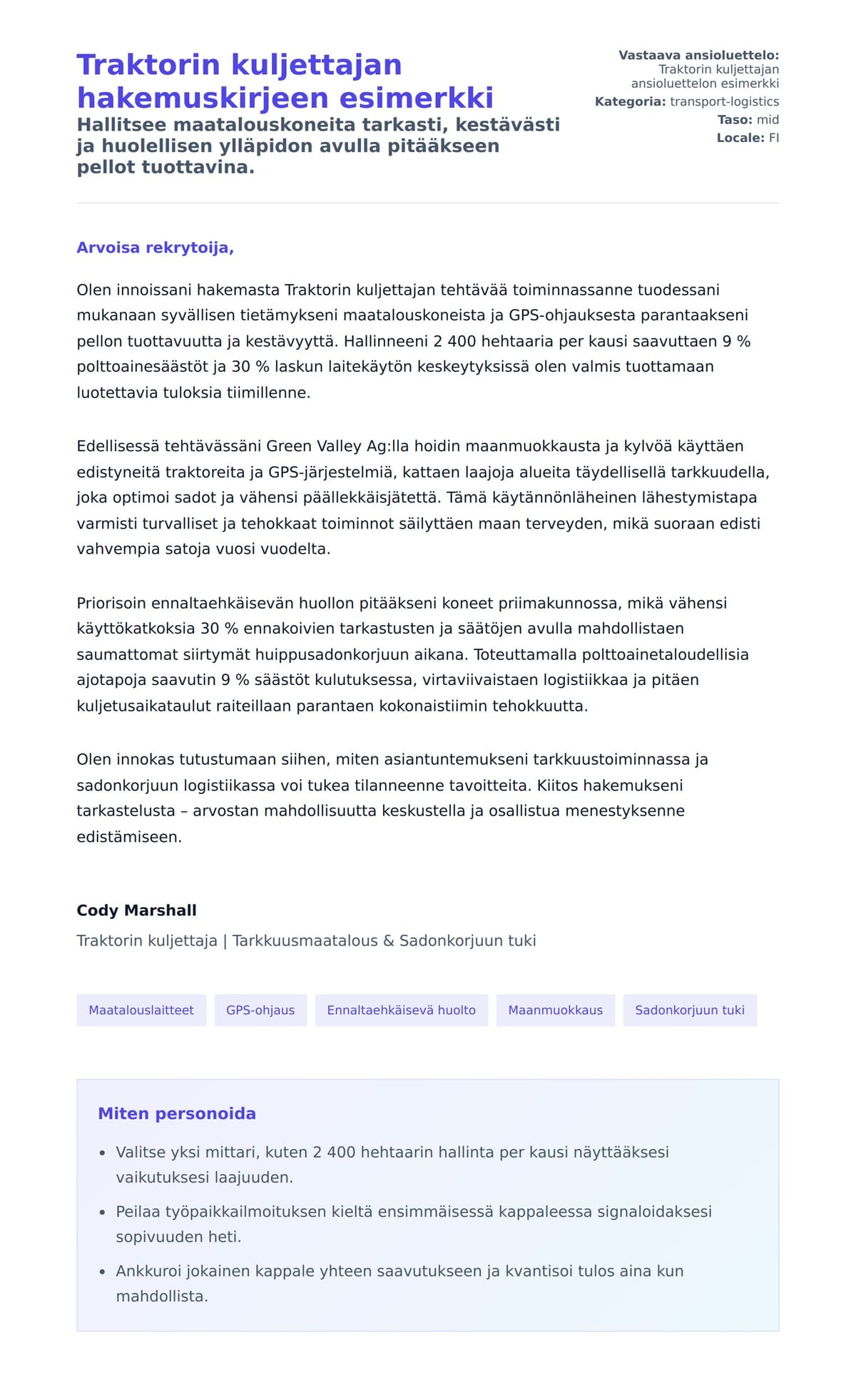 Työhakemuskirjeen esikatselu kohteelle Traktorin kuljettajan hakemuskirjeen esimerkki