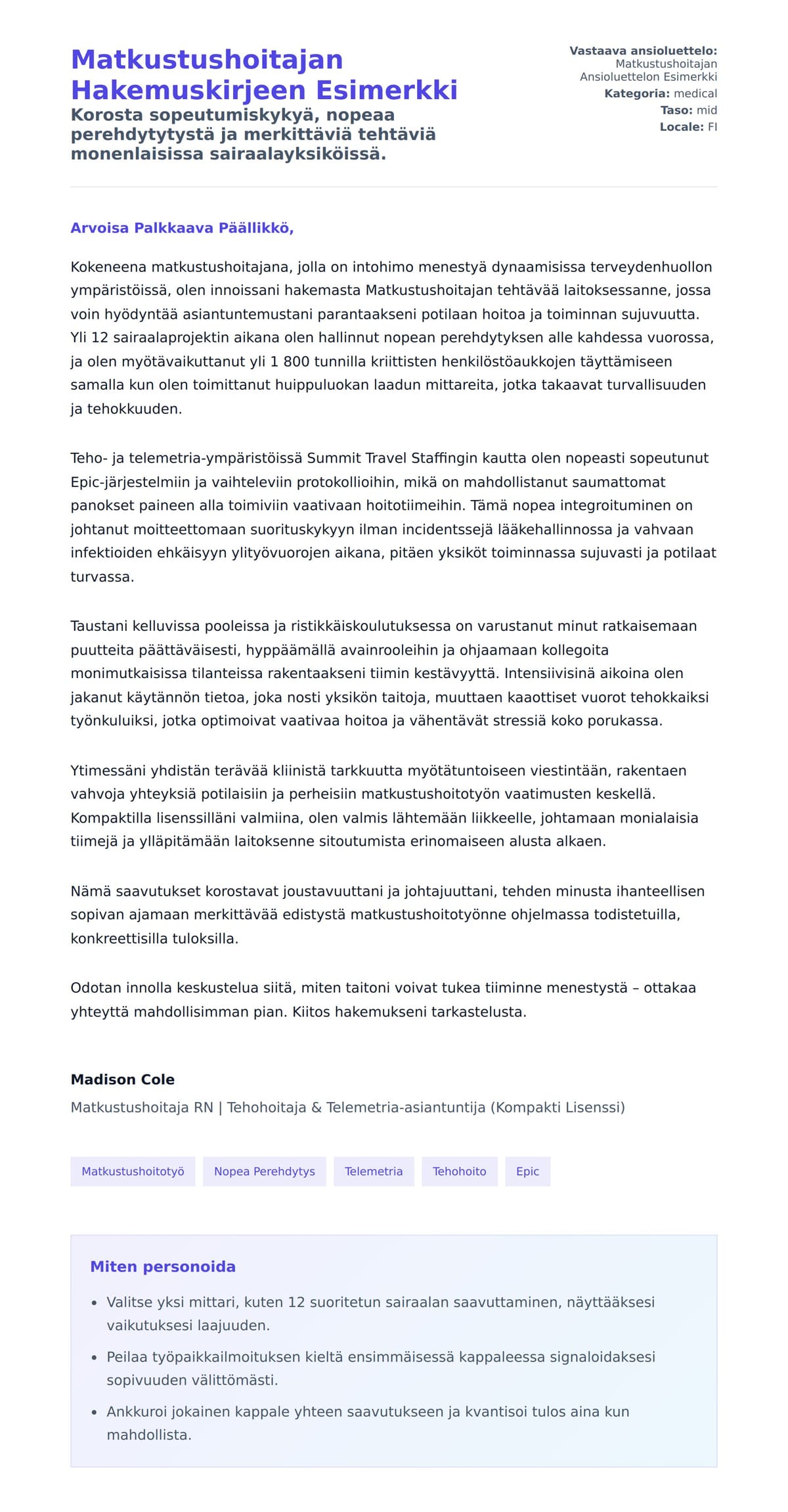 Työhakemuskirjeen esikatselu kohteelle Matkustushoitajan Hakemuskirjeen Esimerkki