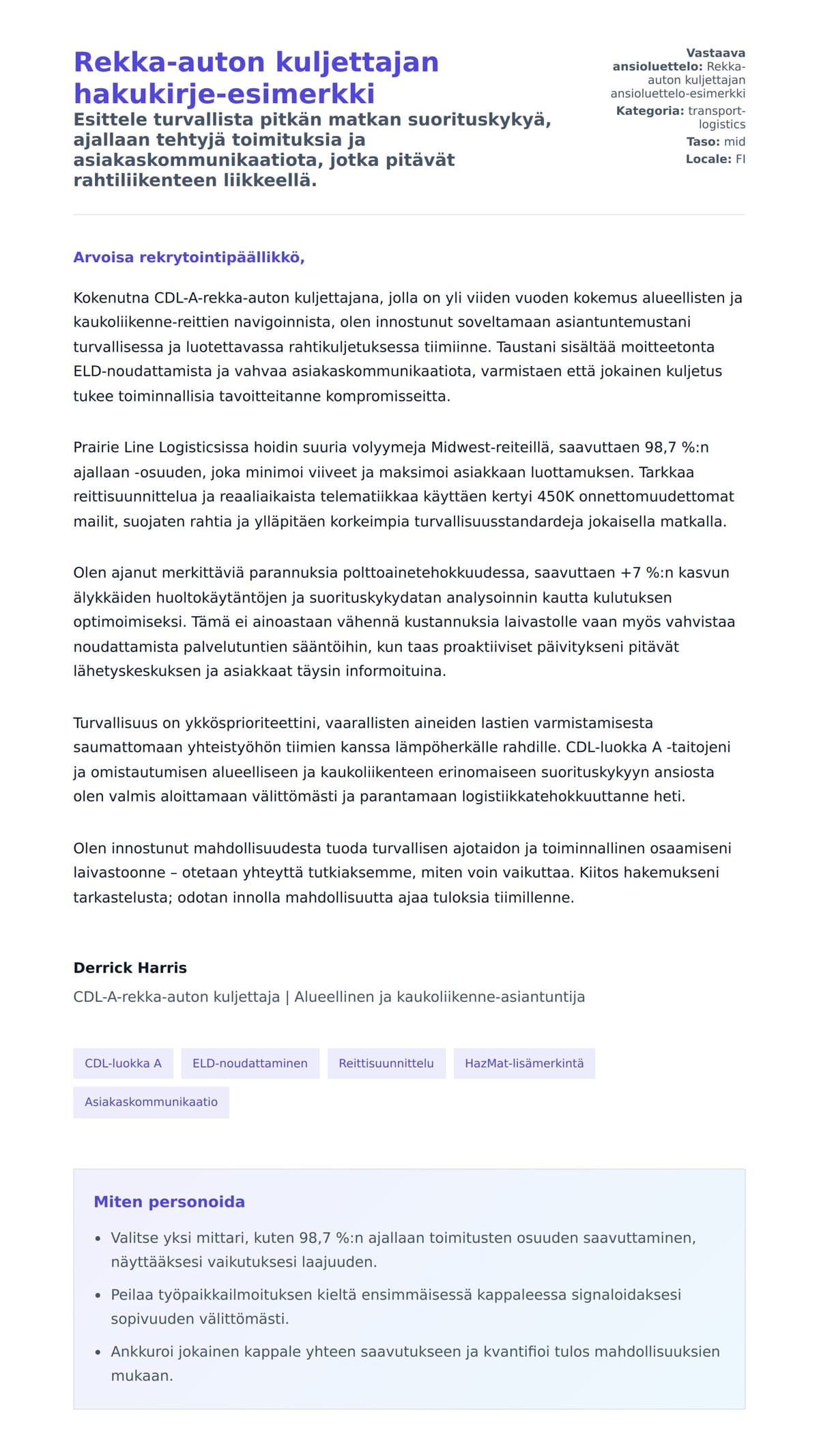 Työhakemuskirjeen esikatselu kohteelle Rekka-auton kuljettajan hakukirje-esimerkki