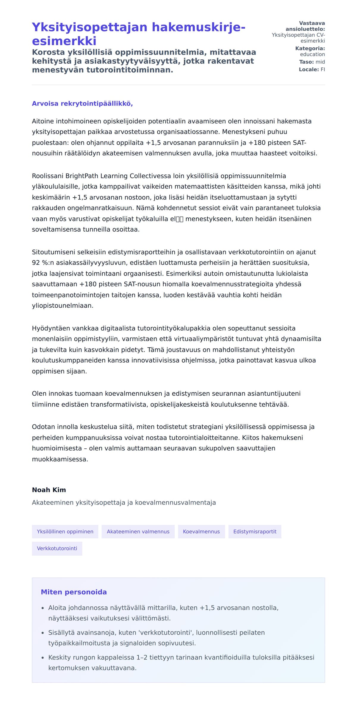 Työhakemuskirjeen esikatselu kohteelle Yksityisopettajan hakemuskirje-esimerkki