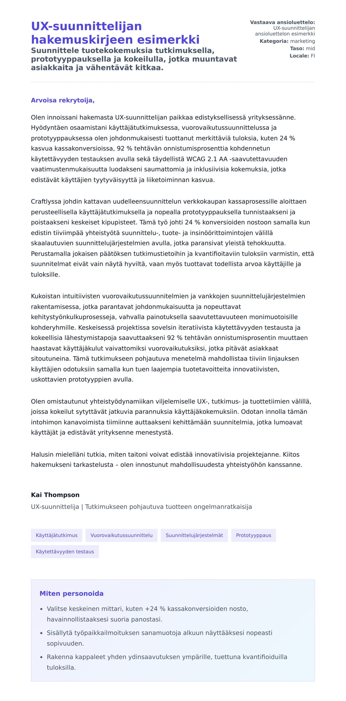 Työhakemuskirjeen esikatselu kohteelle UX-suunnittelijan hakemuskirjeen esimerkki