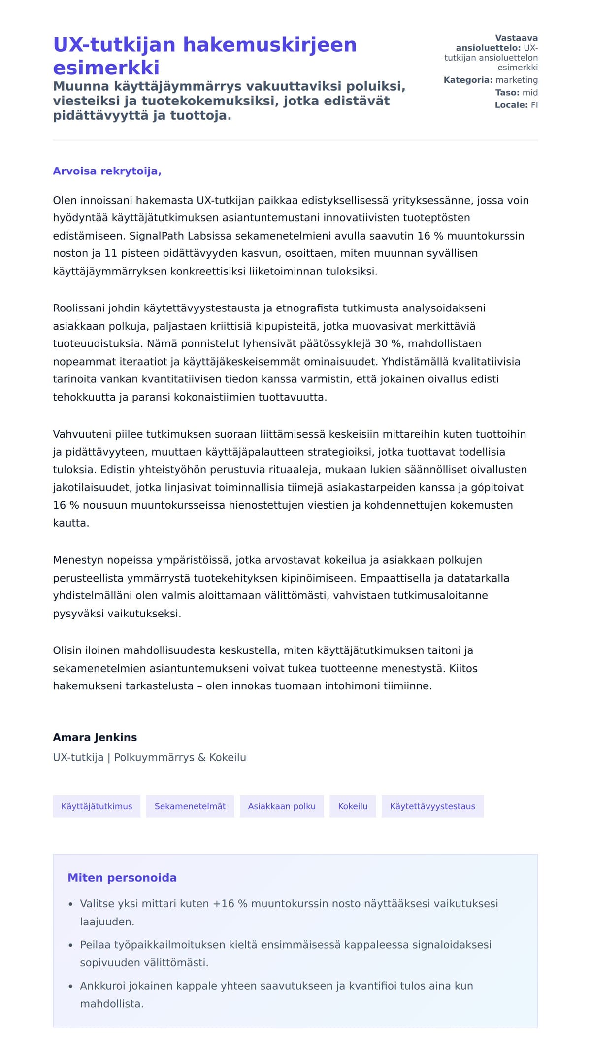 Työhakemuskirjeen esikatselu kohteelle UX-tutkijan hakemuskirjeen esimerkki