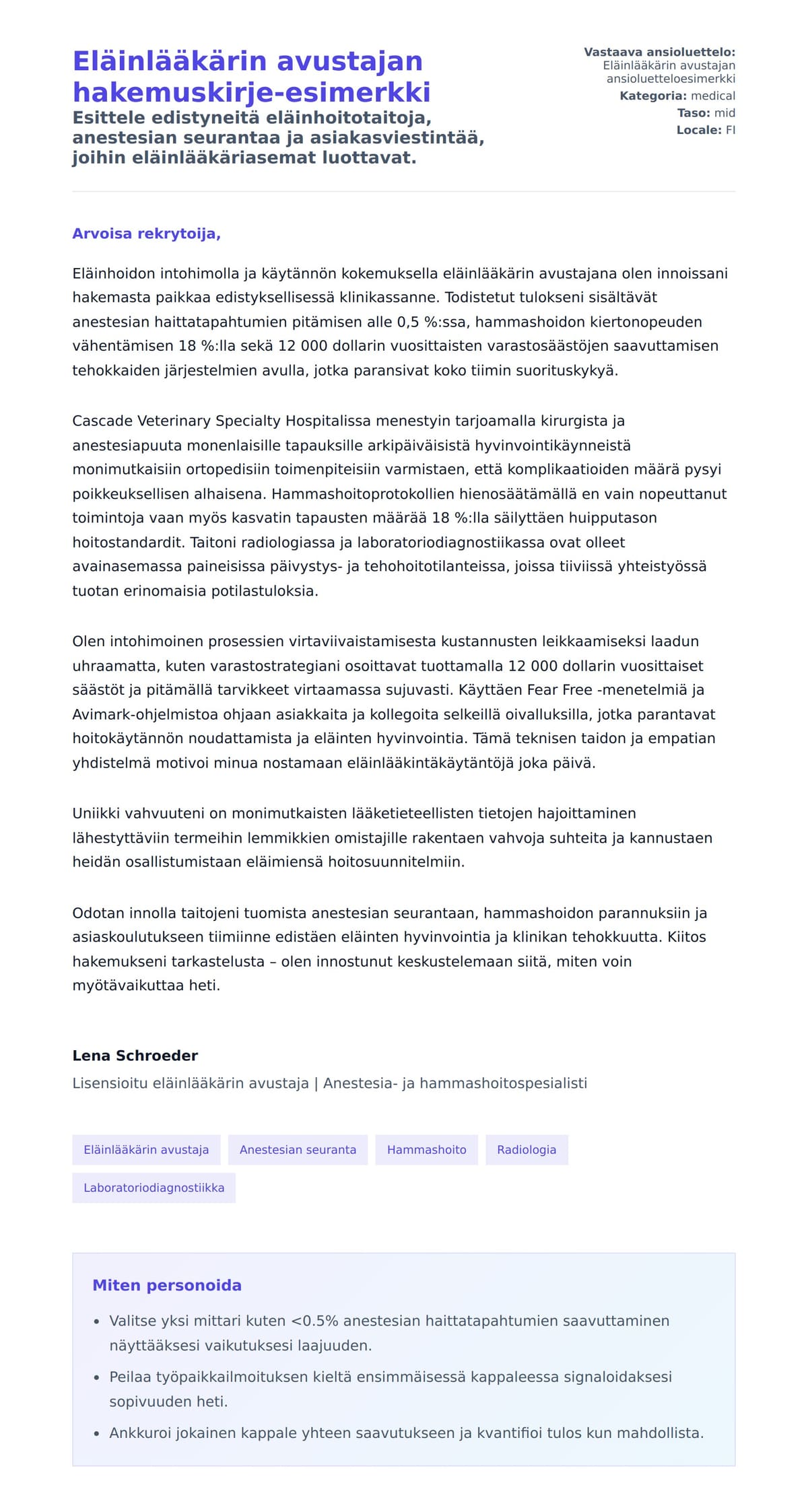 Työhakemuskirjeen esikatselu kohteelle Eläinlääkärin avustajan hakemuskirje-esimerkki