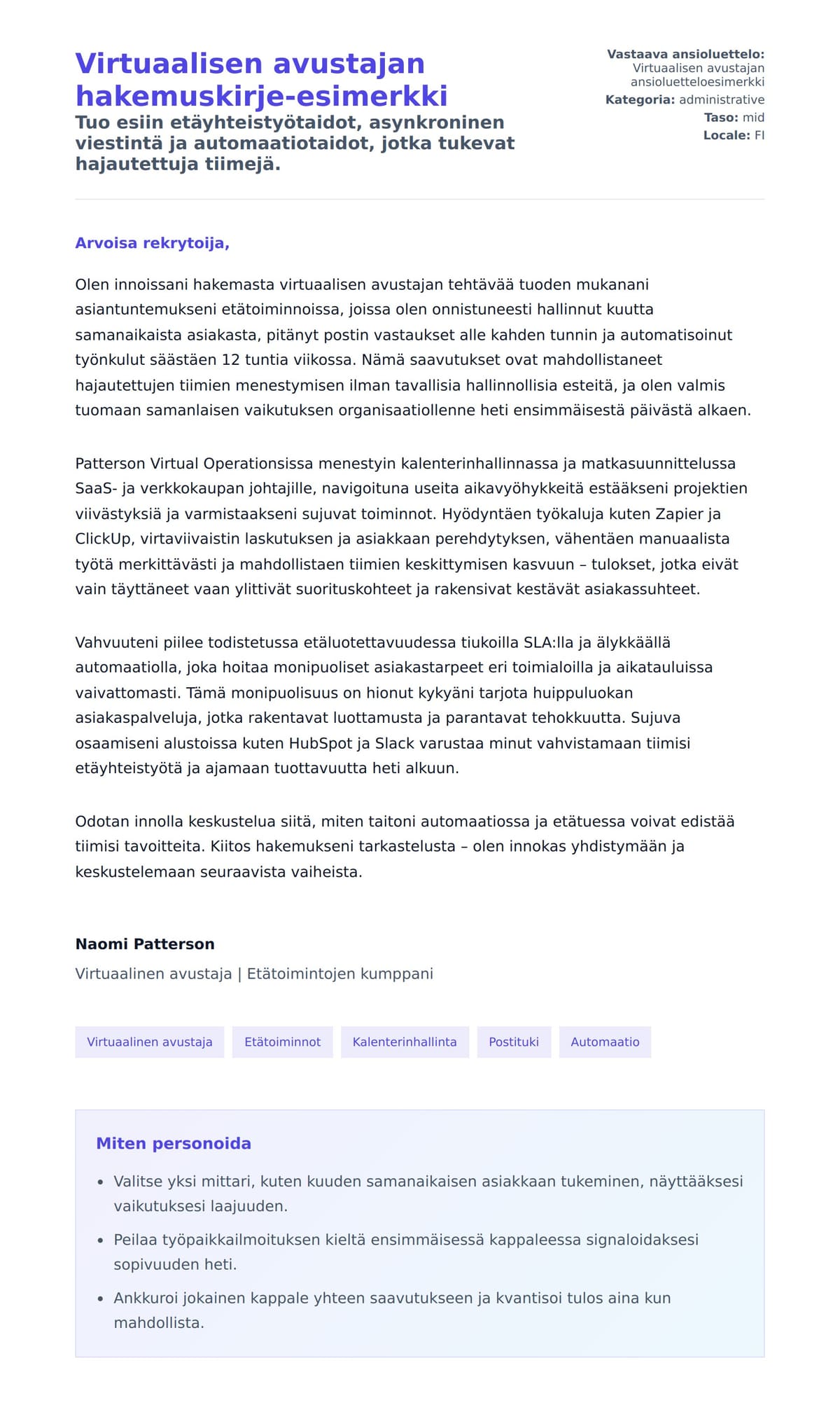 Työhakemuskirjeen esikatselu kohteelle Virtuaalisen avustajan hakemuskirje-esimerkki