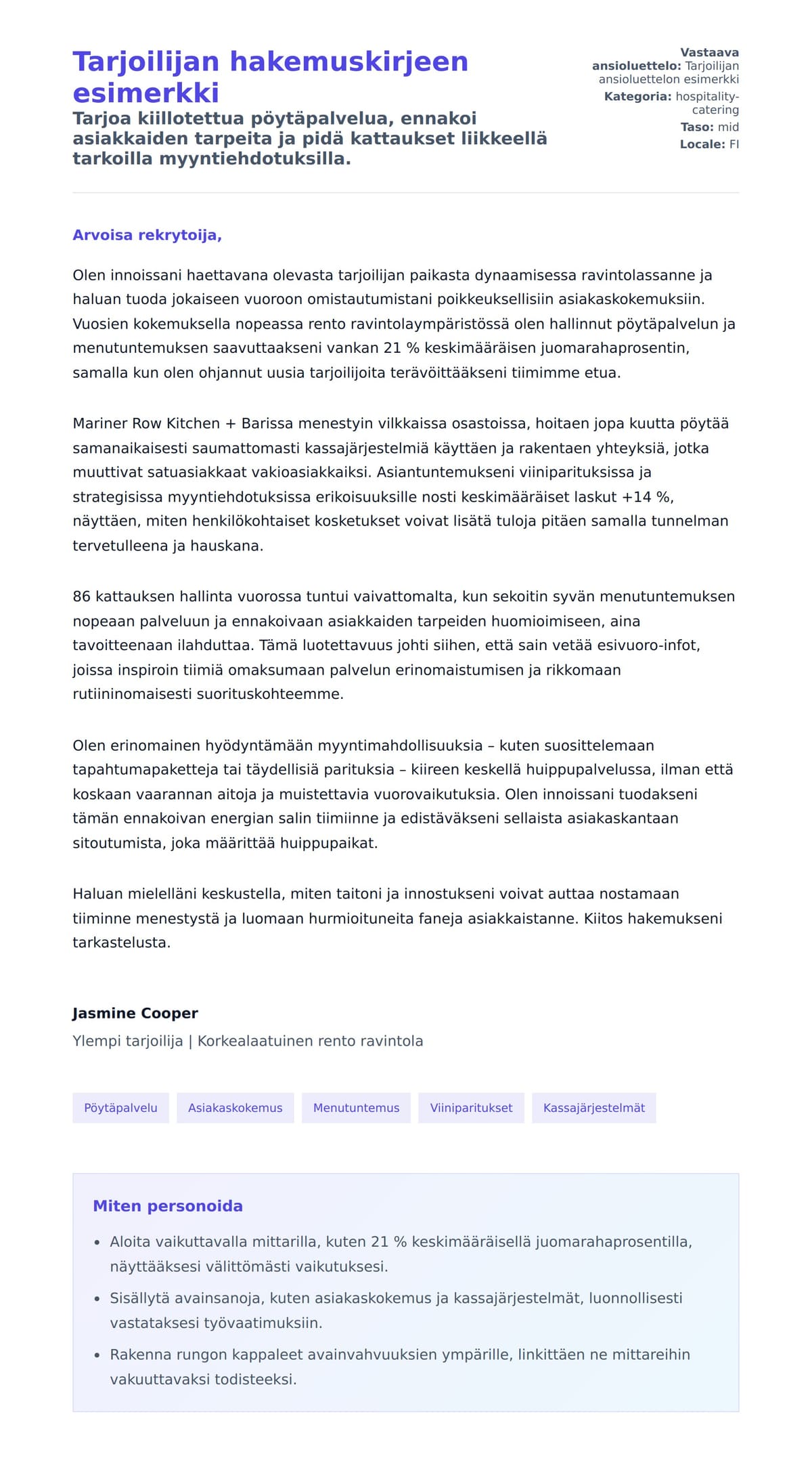 Työhakemuskirjeen esikatselu kohteelle Tarjoilijan hakemuskirjeen esimerkki