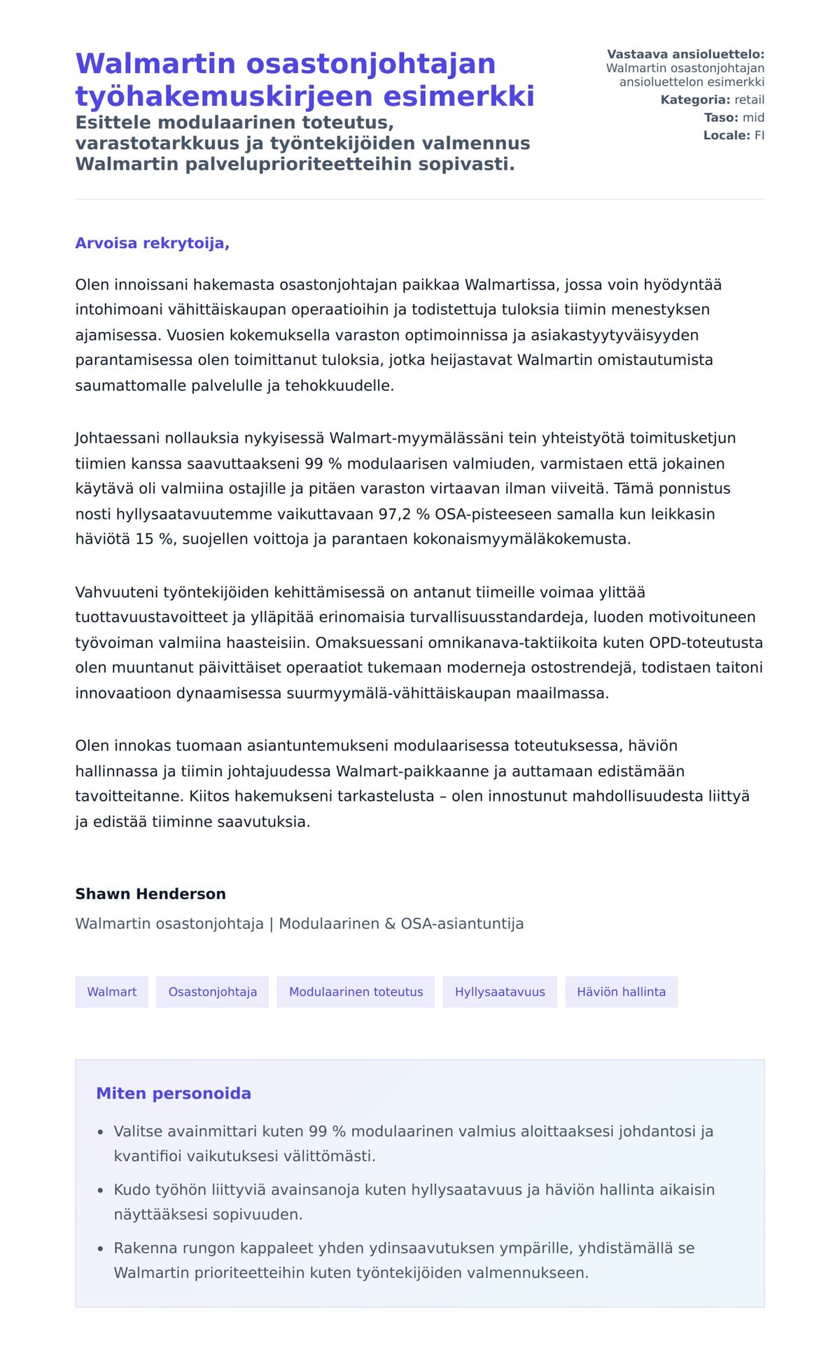 Työhakemuskirjeen esikatselu kohteelle Walmartin osastonjohtajan työhakemuskirjeen esimerkki