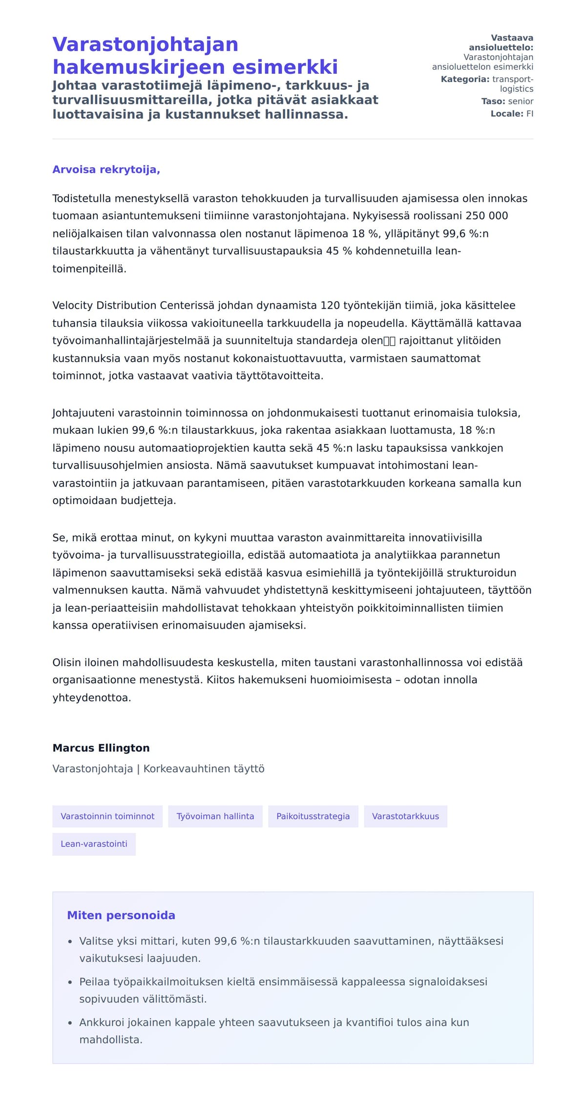 Työhakemuskirjeen esikatselu kohteelle Varastonjohtajan hakemuskirjeen esimerkki