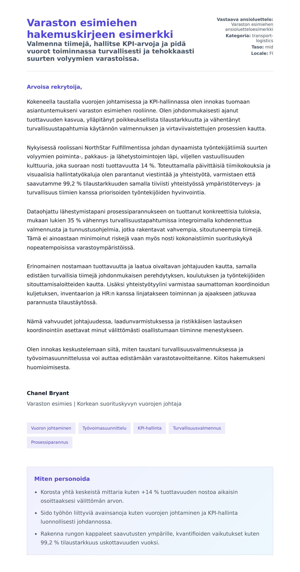 Työhakemuskirjeen esikatselu kohteelle Varaston esimiehen hakemuskirjeen esimerkki