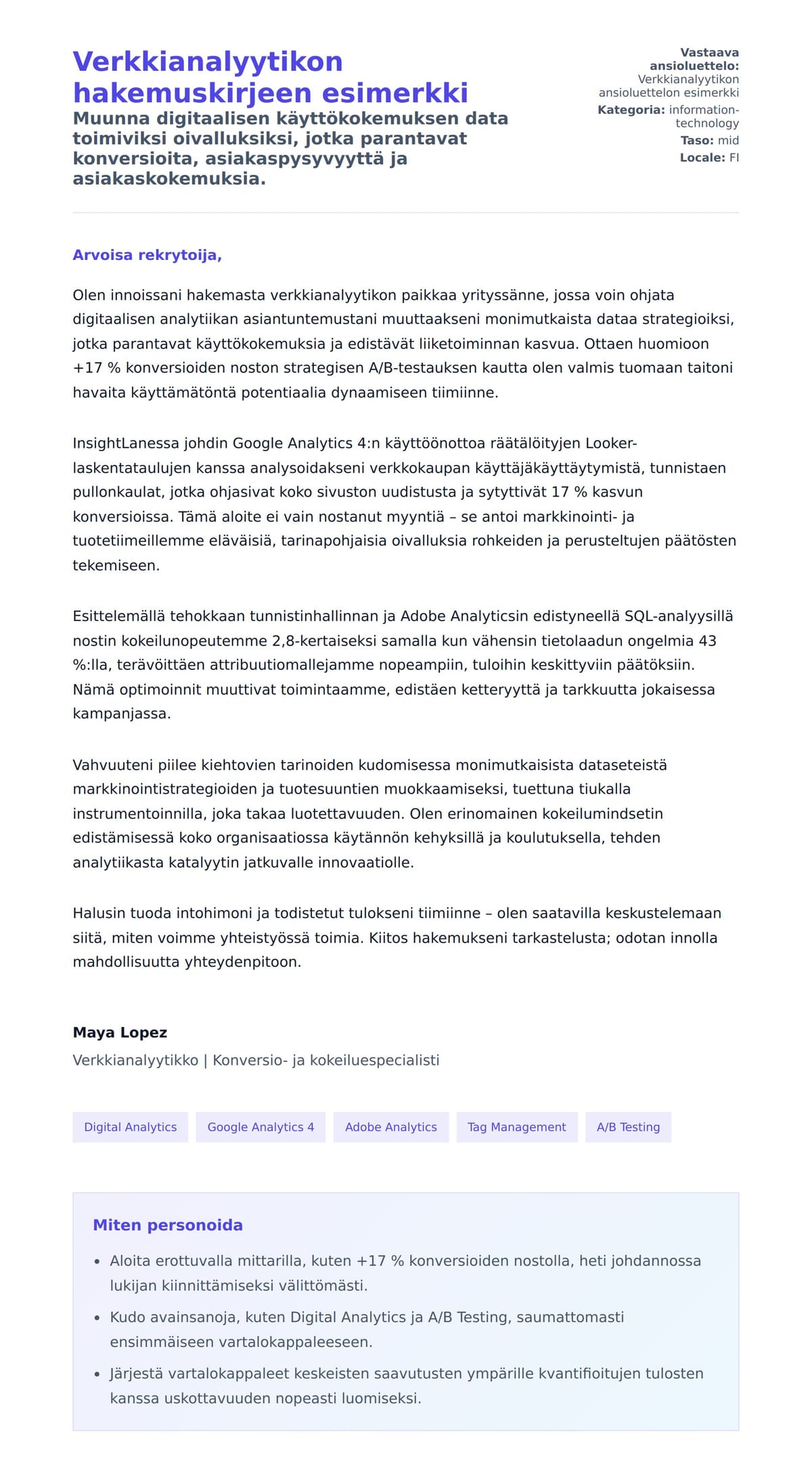 Työhakemuskirjeen esikatselu kohteelle Verkkianalyytikon hakemuskirjeen esimerkki