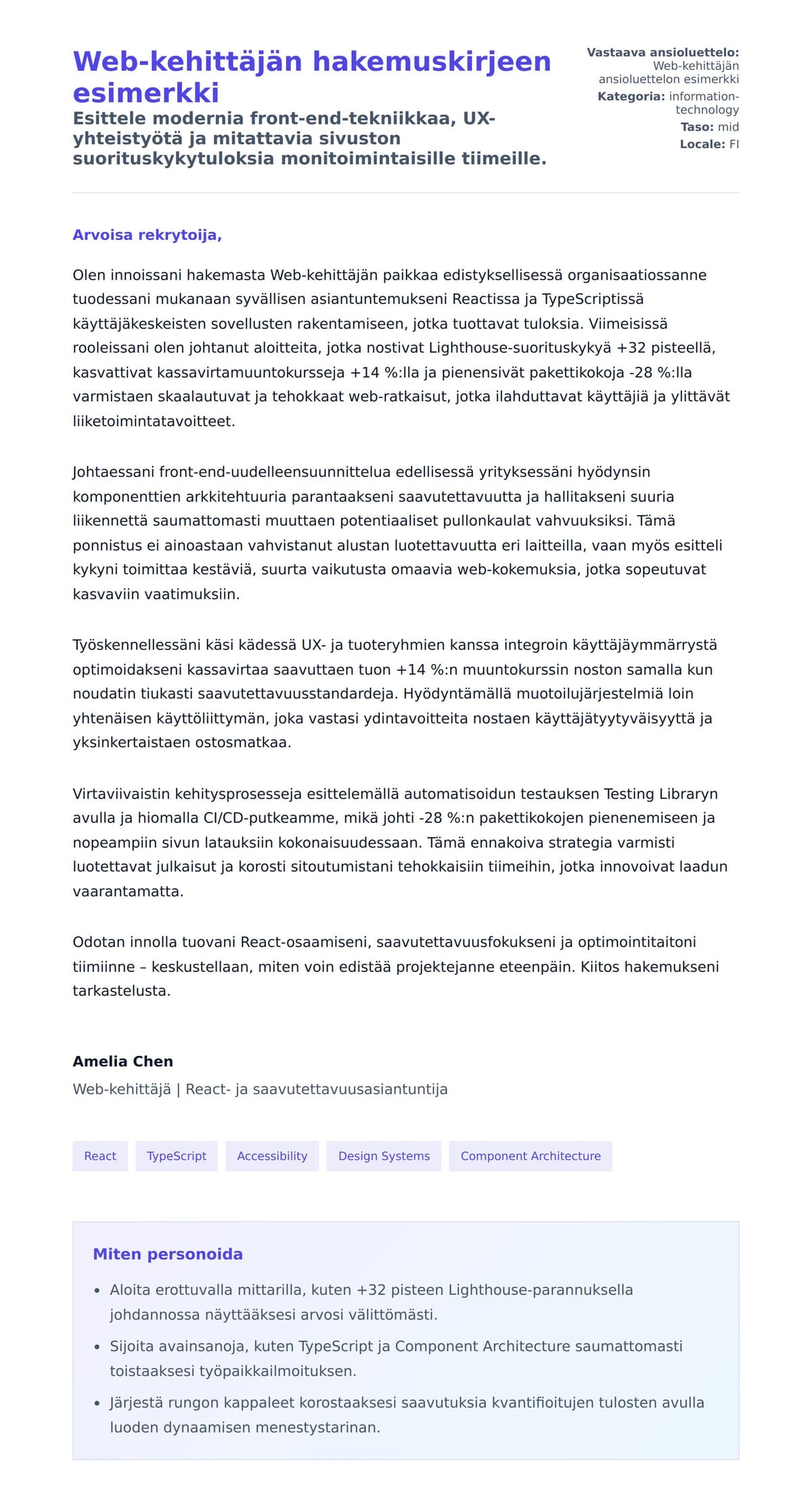 Työhakemuskirjeen esikatselu kohteelle Web-kehittäjän hakemuskirjeen esimerkki