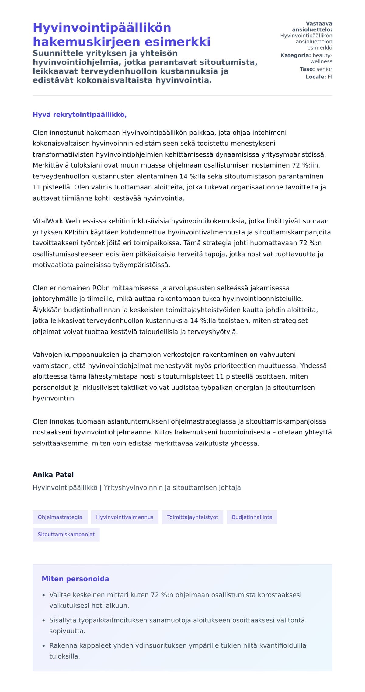 Työhakemuskirjeen esikatselu kohteelle Hyvinvointipäällikön hakemuskirjeen esimerkki