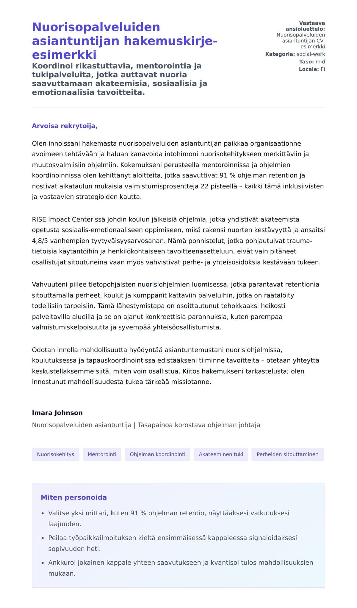 Työhakemuskirjeen esikatselu kohteelle Nuorisopalveluiden asiantuntijan hakemuskirje-esimerkki