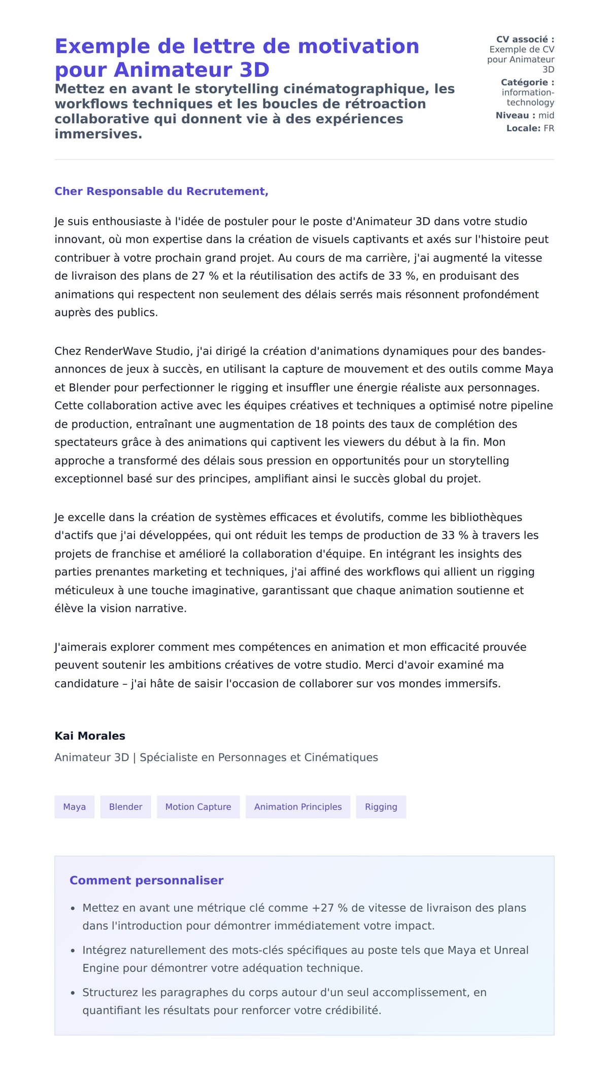 Aperçu de la lettre de motivation pour Exemple de lettre de motivation pour Animateur 3D