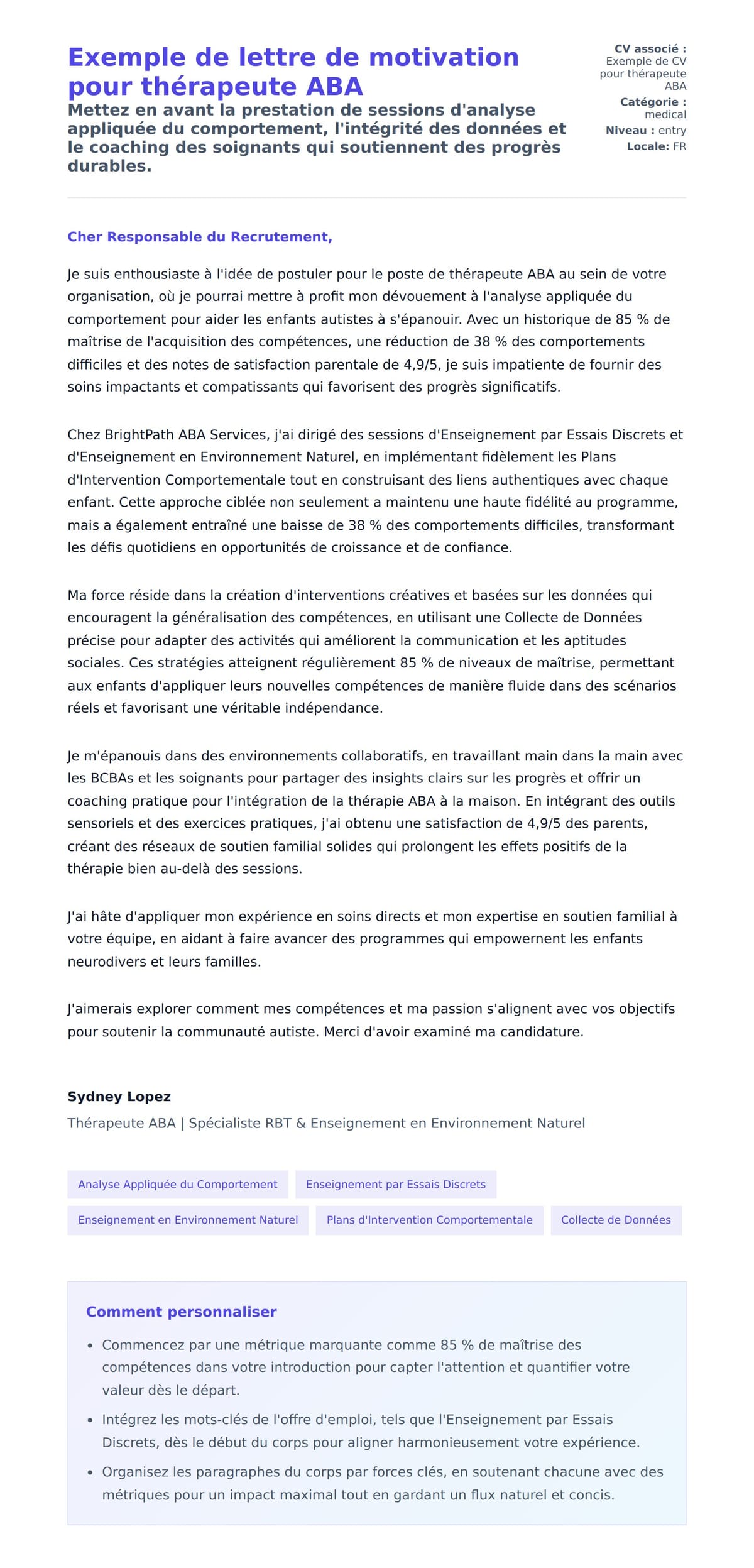 Aperçu de la lettre de motivation pour Exemple de lettre de motivation pour thérapeute ABA