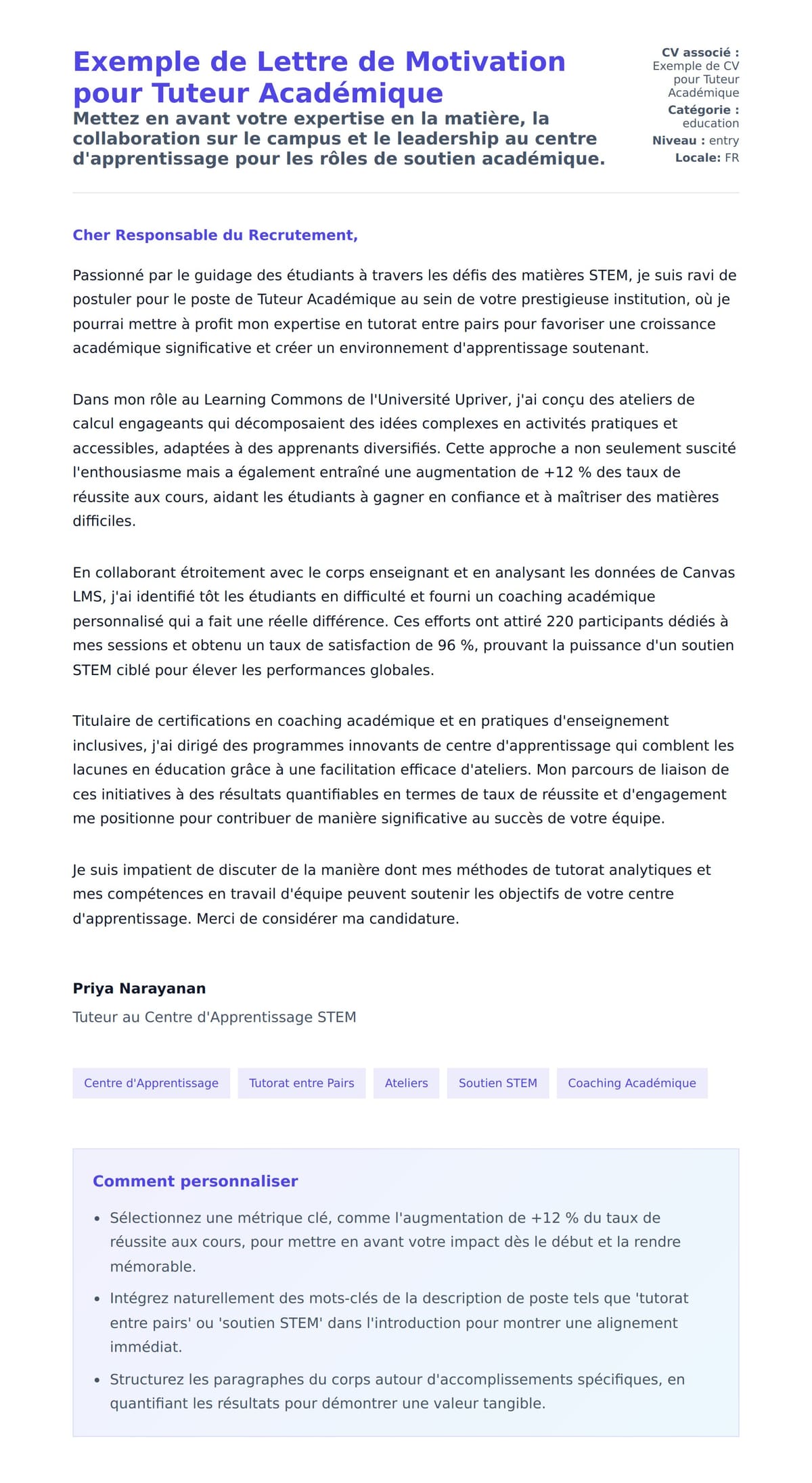 Aperçu de la lettre de motivation pour Exemple de Lettre de Motivation pour Tuteur Académique