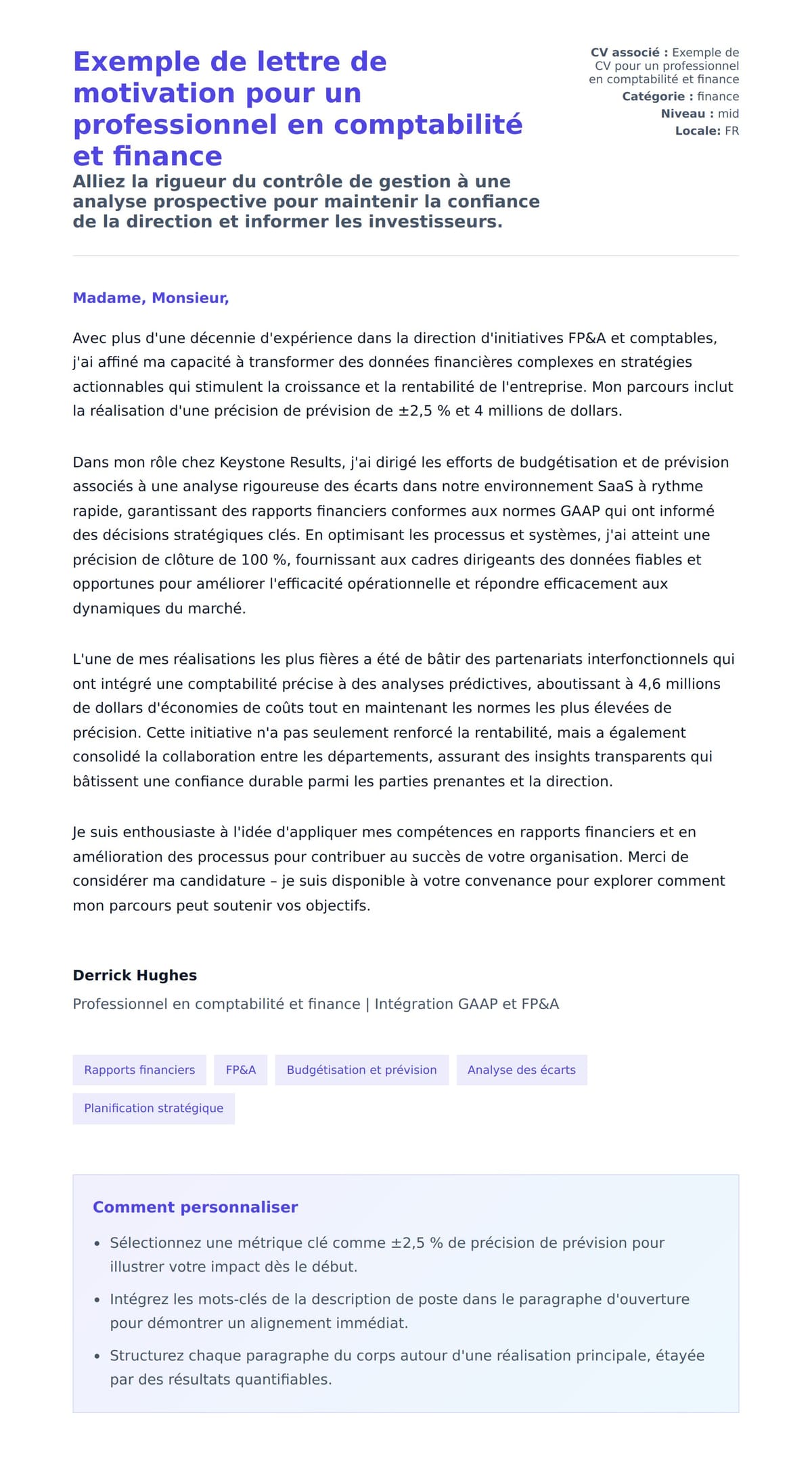 Aperçu de la lettre de motivation pour Exemple de lettre de motivation pour un professionnel en comptabilité et finance