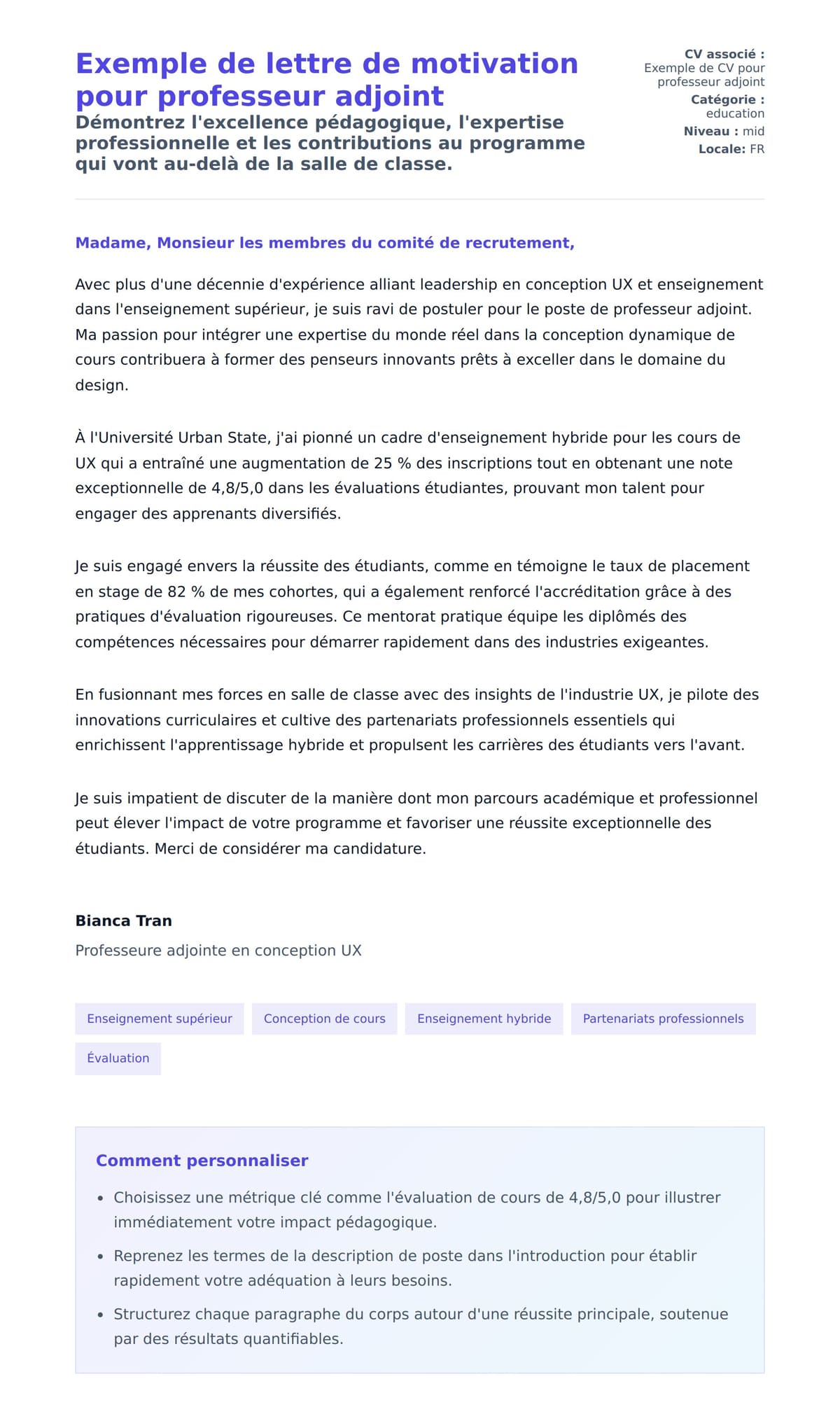 Aperçu de la lettre de motivation pour Exemple de lettre de motivation pour professeur adjoint