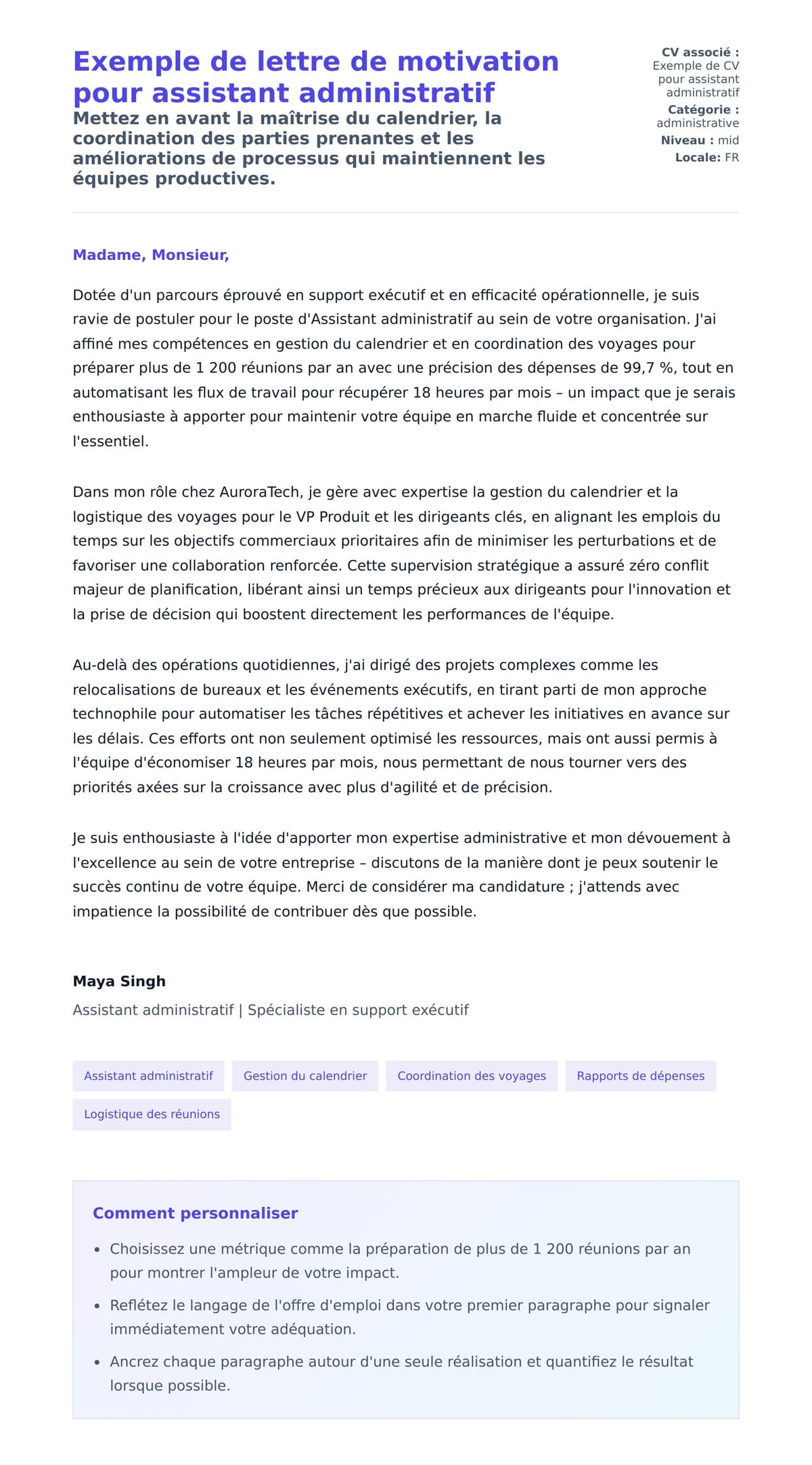 Aperçu de la lettre de motivation pour Exemple de lettre de motivation pour assistant administratif