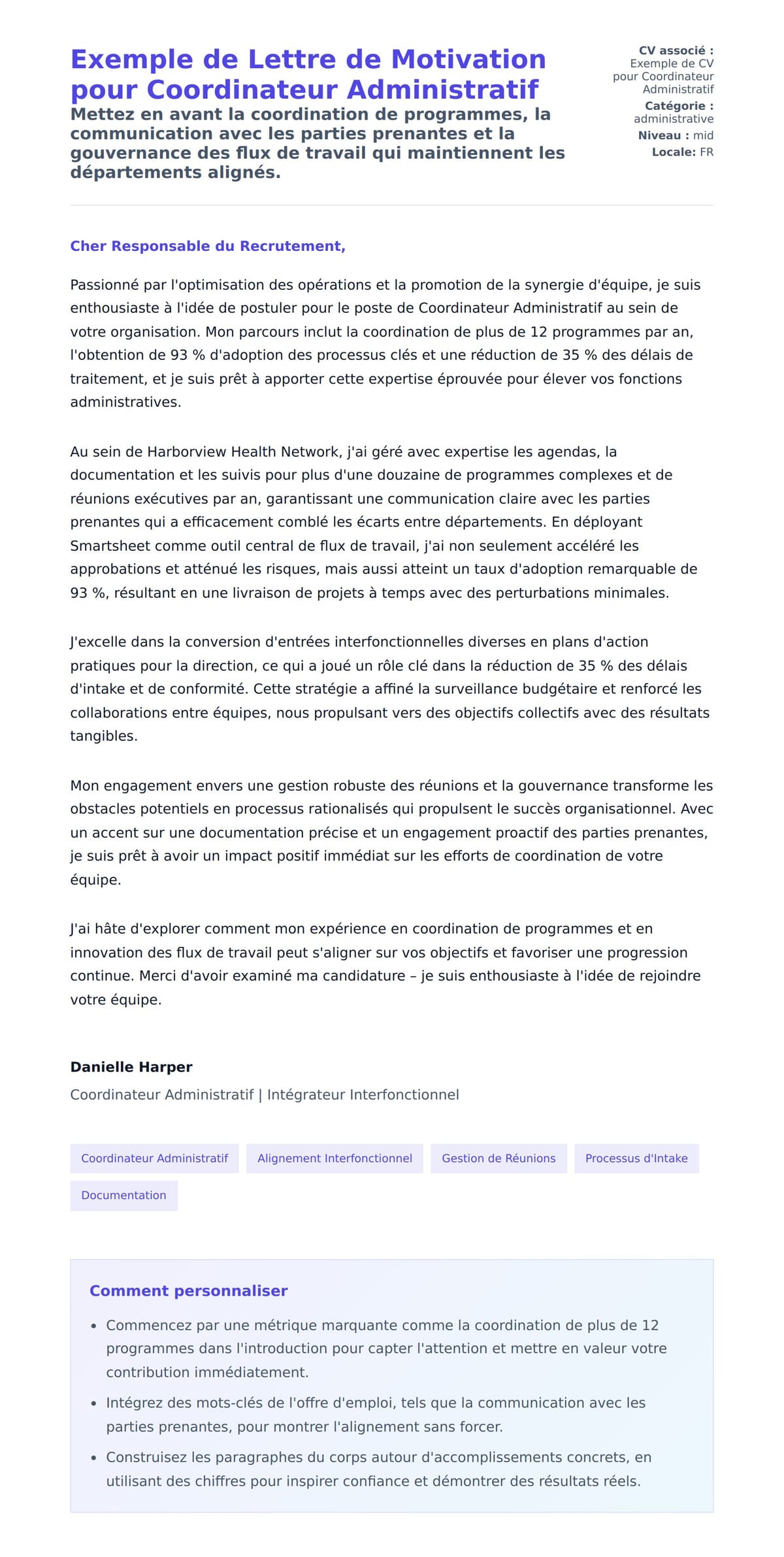 Aperçu de la lettre de motivation pour Exemple de Lettre de Motivation pour Coordinateur Administratif