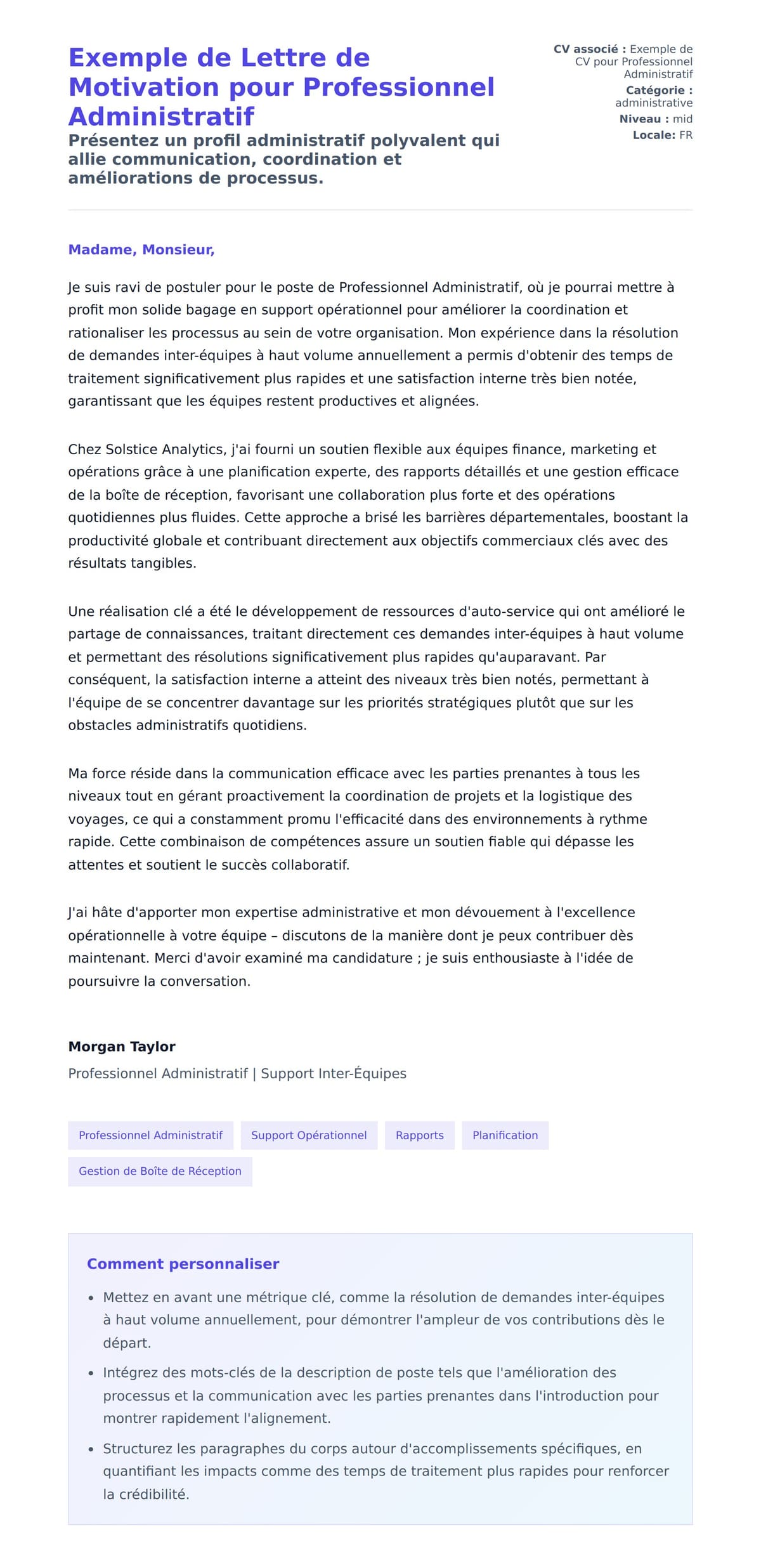 Aperçu de la lettre de motivation pour Exemple de Lettre de Motivation pour Professionnel Administratif