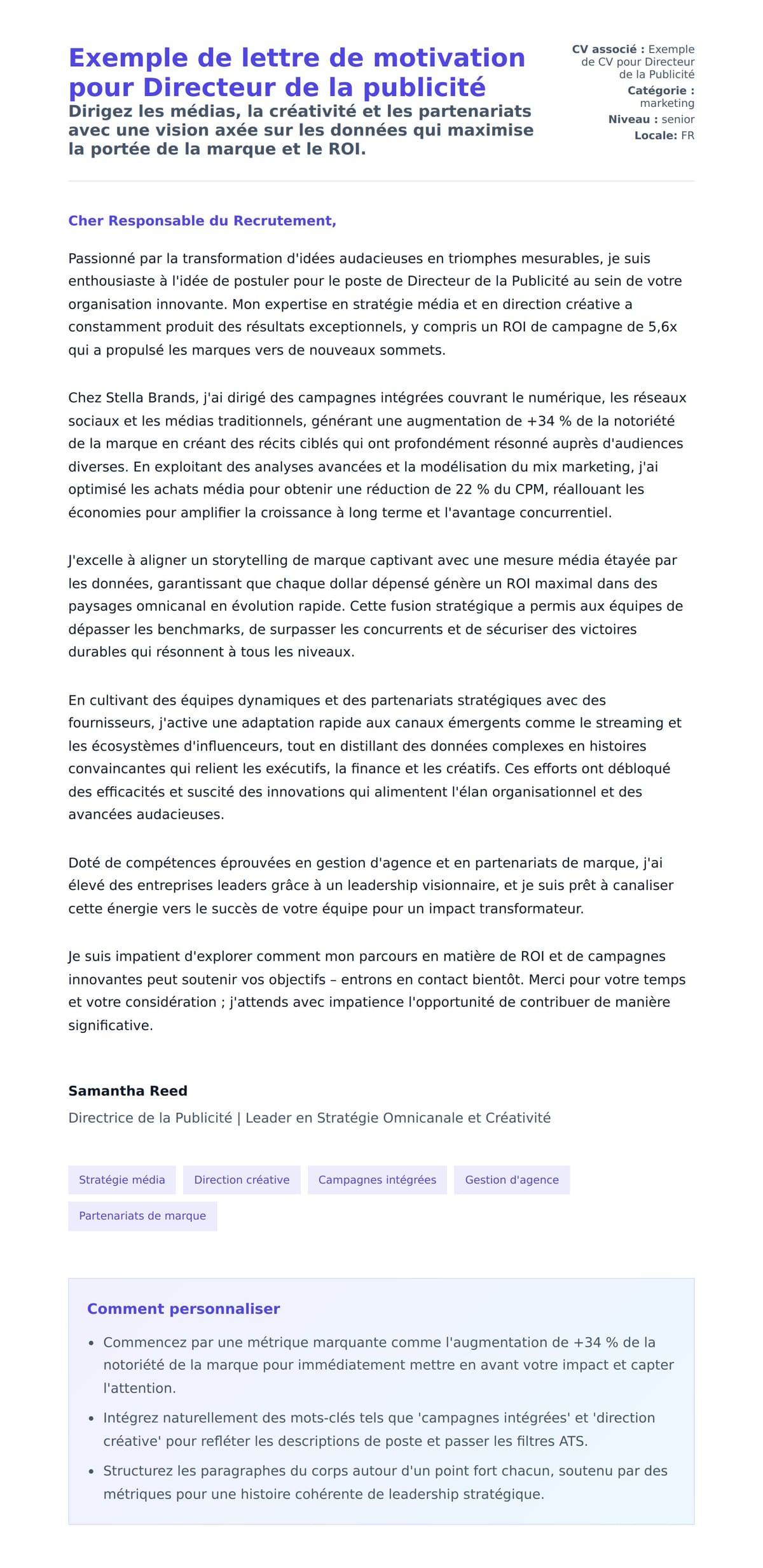 Aperçu de la lettre de motivation pour Exemple de lettre de motivation pour Directeur de la publicité