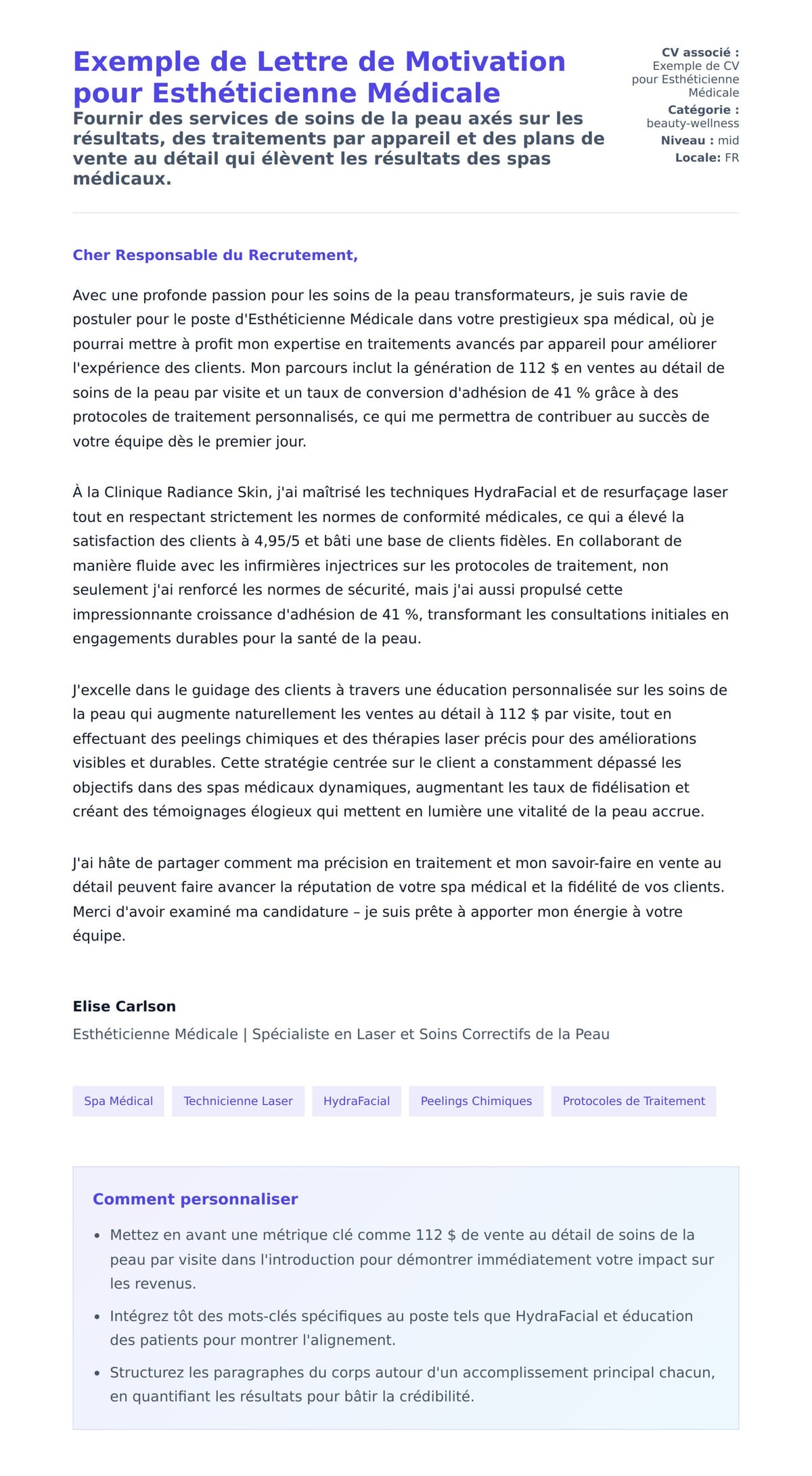 Aperçu de la lettre de motivation pour Exemple de Lettre de Motivation pour Esthéticienne Médicale