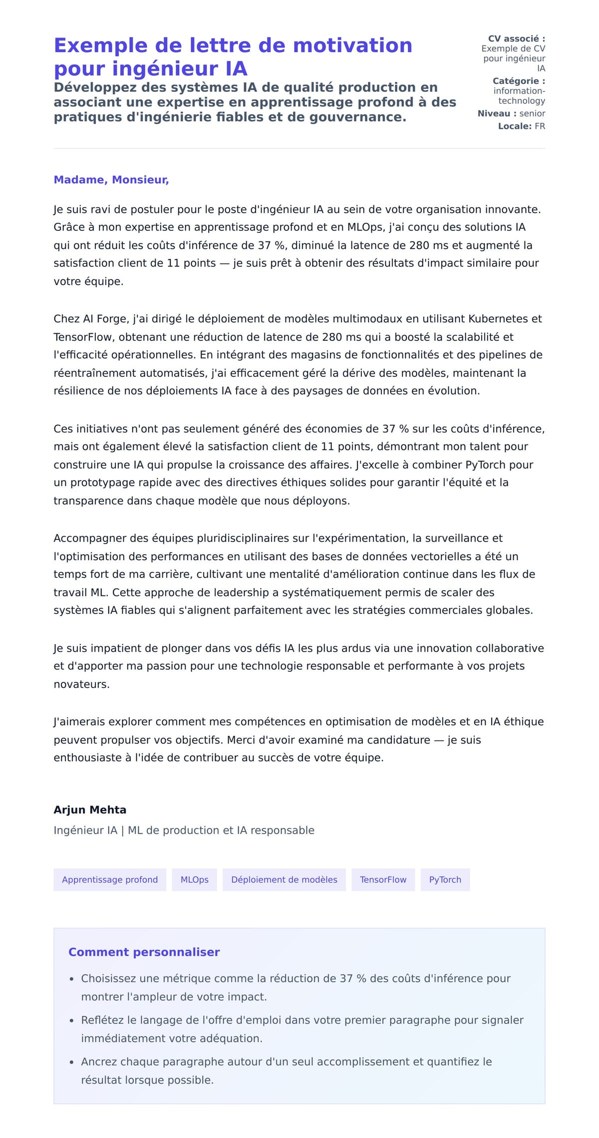 Aperçu de la lettre de motivation pour Exemple de lettre de motivation pour ingénieur IA