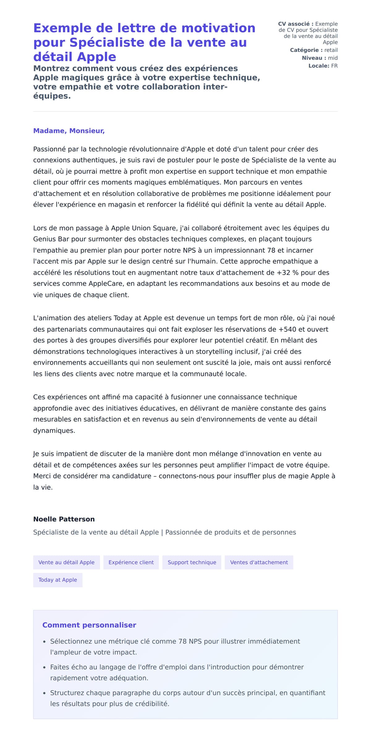 Aperçu de la lettre de motivation pour Exemple de lettre de motivation pour Spécialiste de la vente au détail Apple