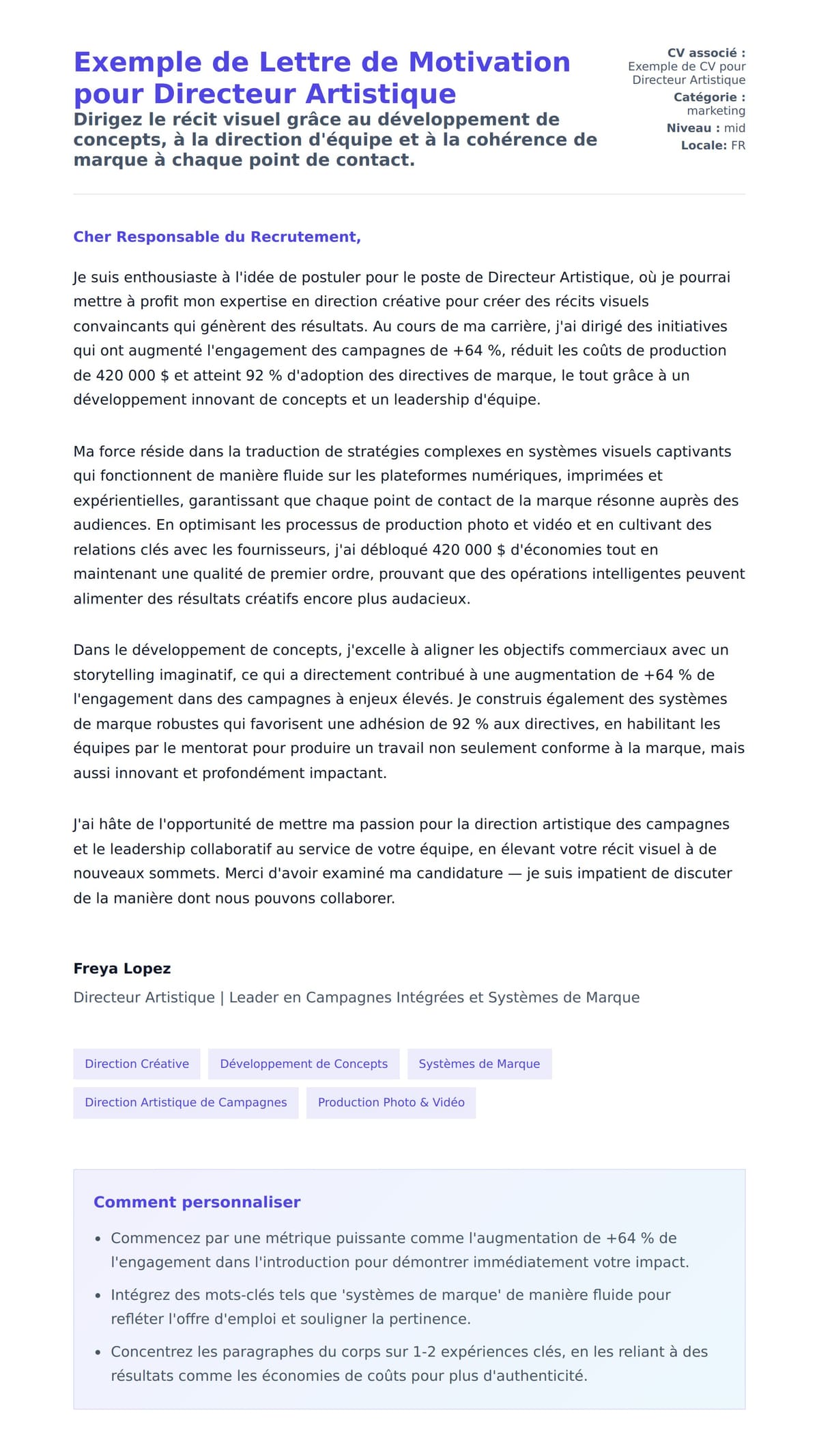 Aperçu de la lettre de motivation pour Exemple de Lettre de Motivation pour Directeur Artistique