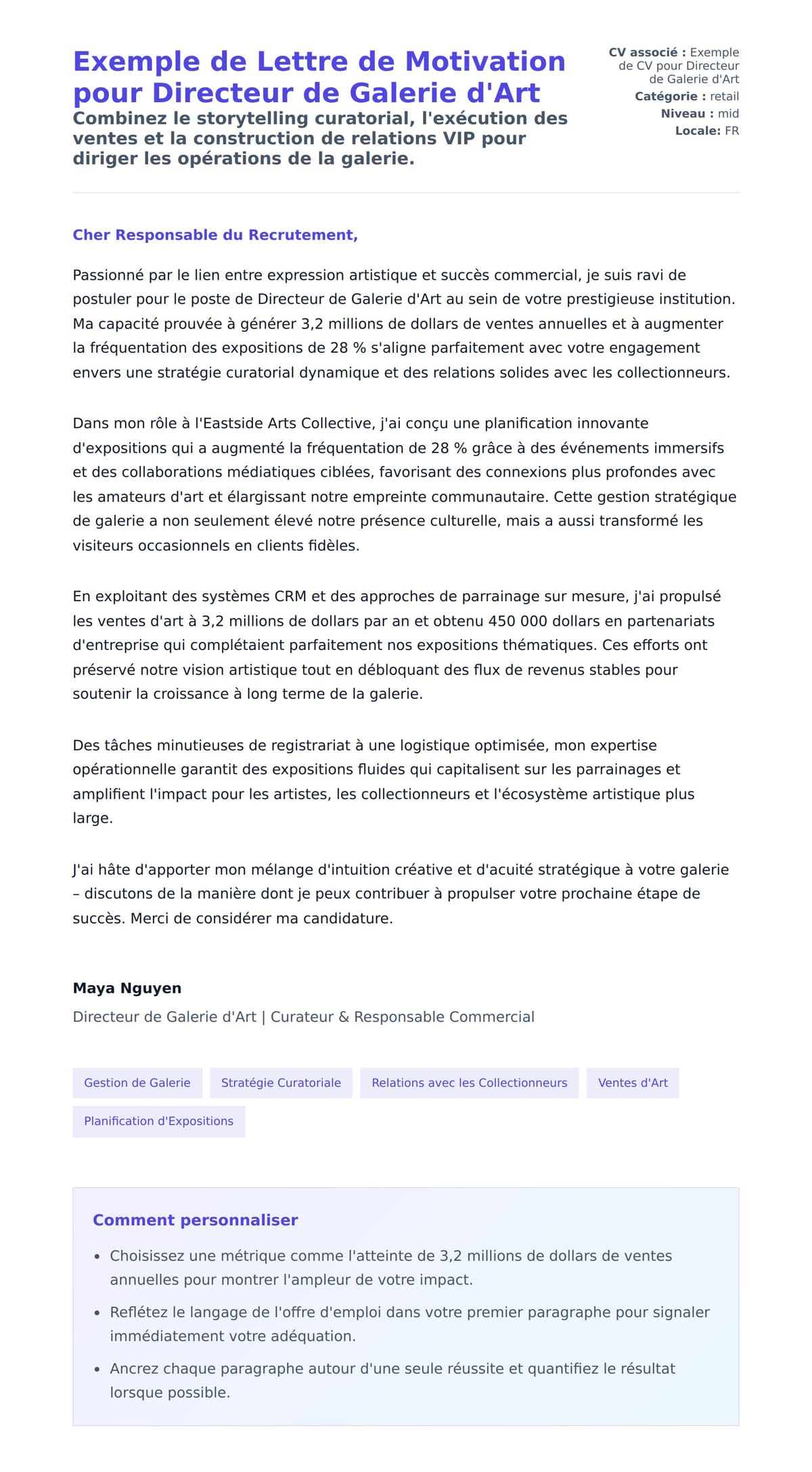 Aperçu de la lettre de motivation pour Exemple de Lettre de Motivation pour Directeur de Galerie d'Art
