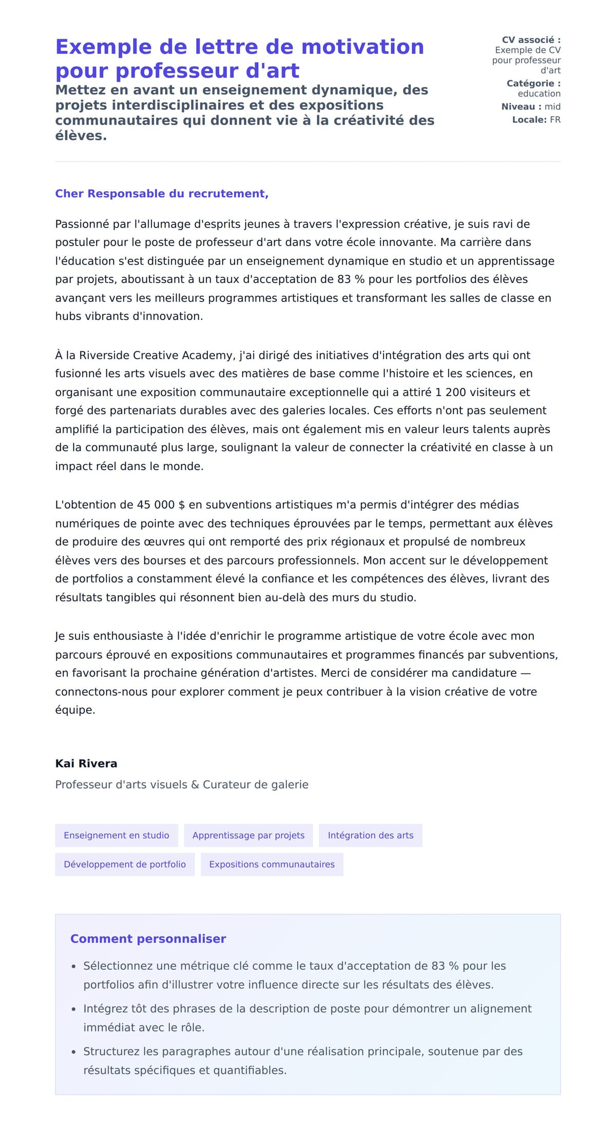 Aperçu de la lettre de motivation pour Exemple de lettre de motivation pour professeur d'art