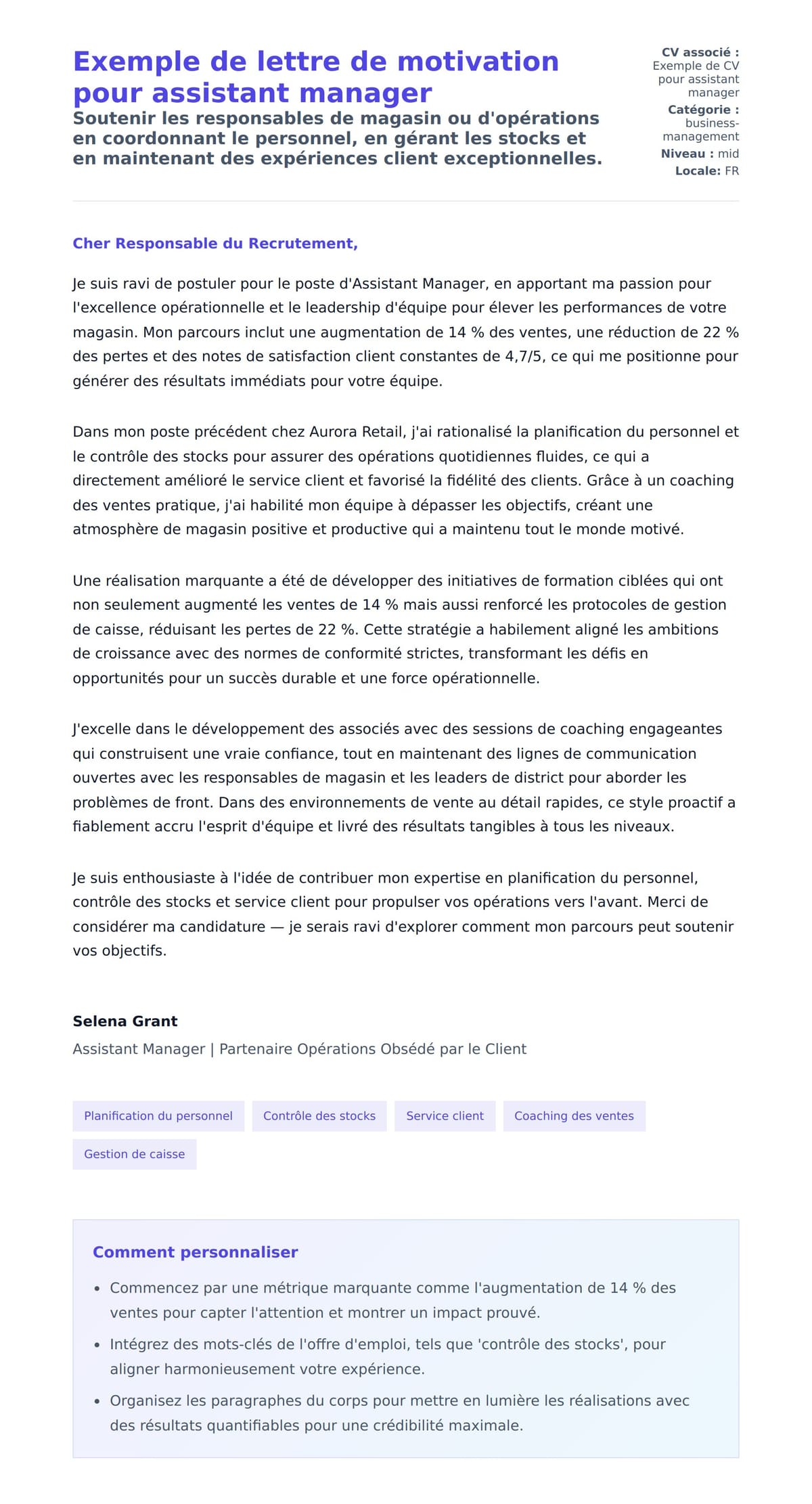 Aperçu de la lettre de motivation pour Exemple de lettre de motivation pour assistant manager
