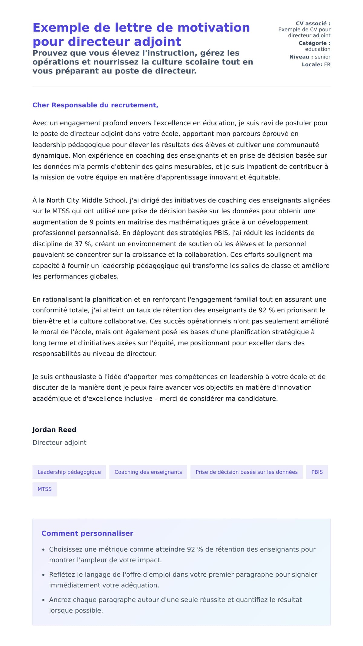 Aperçu de la lettre de motivation pour Exemple de lettre de motivation pour directeur adjoint