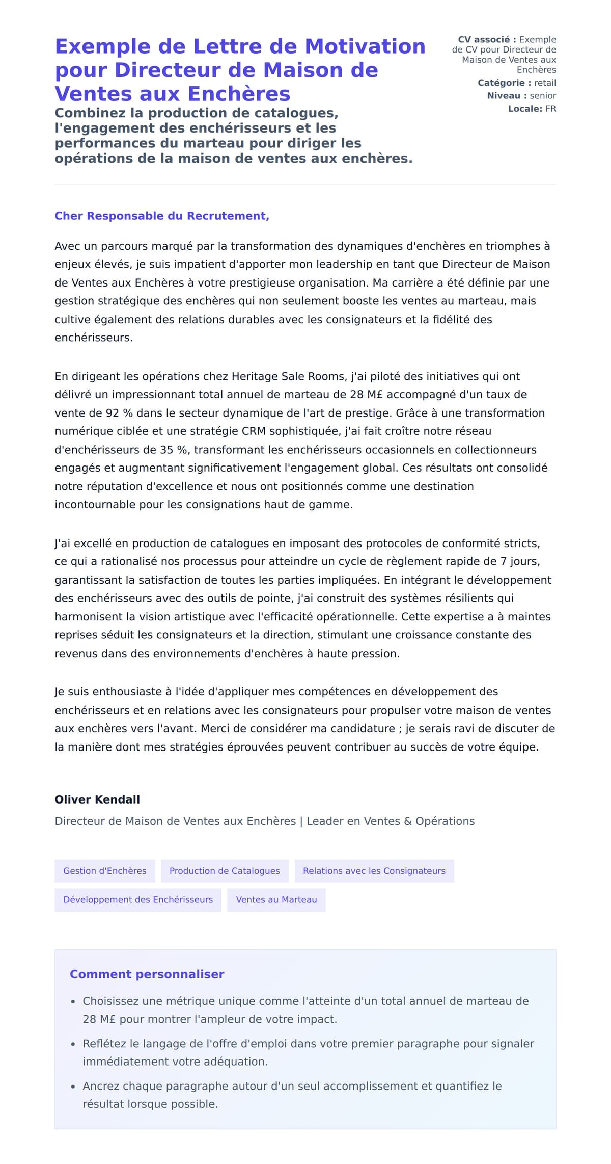 Aperçu de la lettre de motivation pour Exemple de Lettre de Motivation pour Directeur de Maison de Ventes aux Enchères