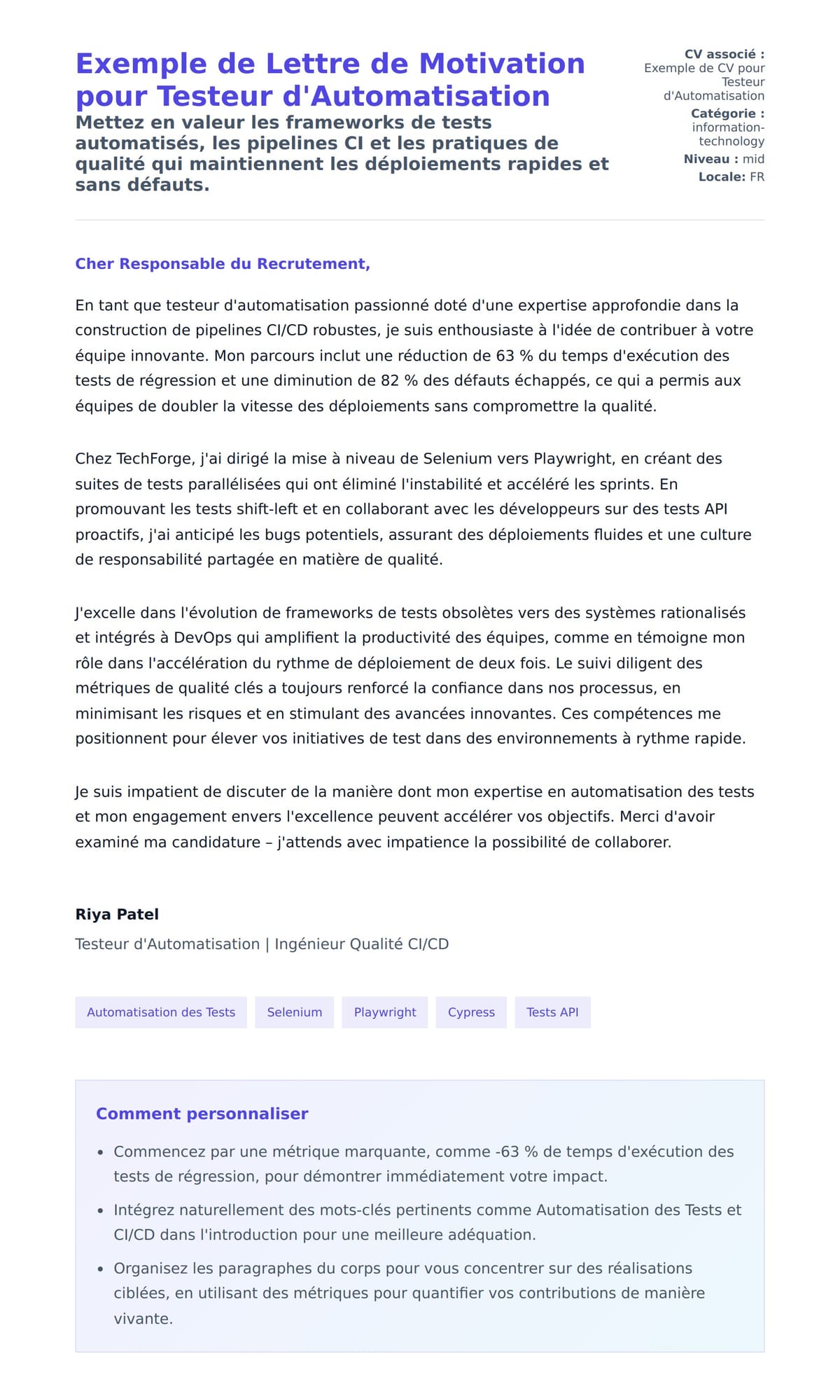 Aperçu de la lettre de motivation pour Exemple de Lettre de Motivation pour Testeur d'Automatisation